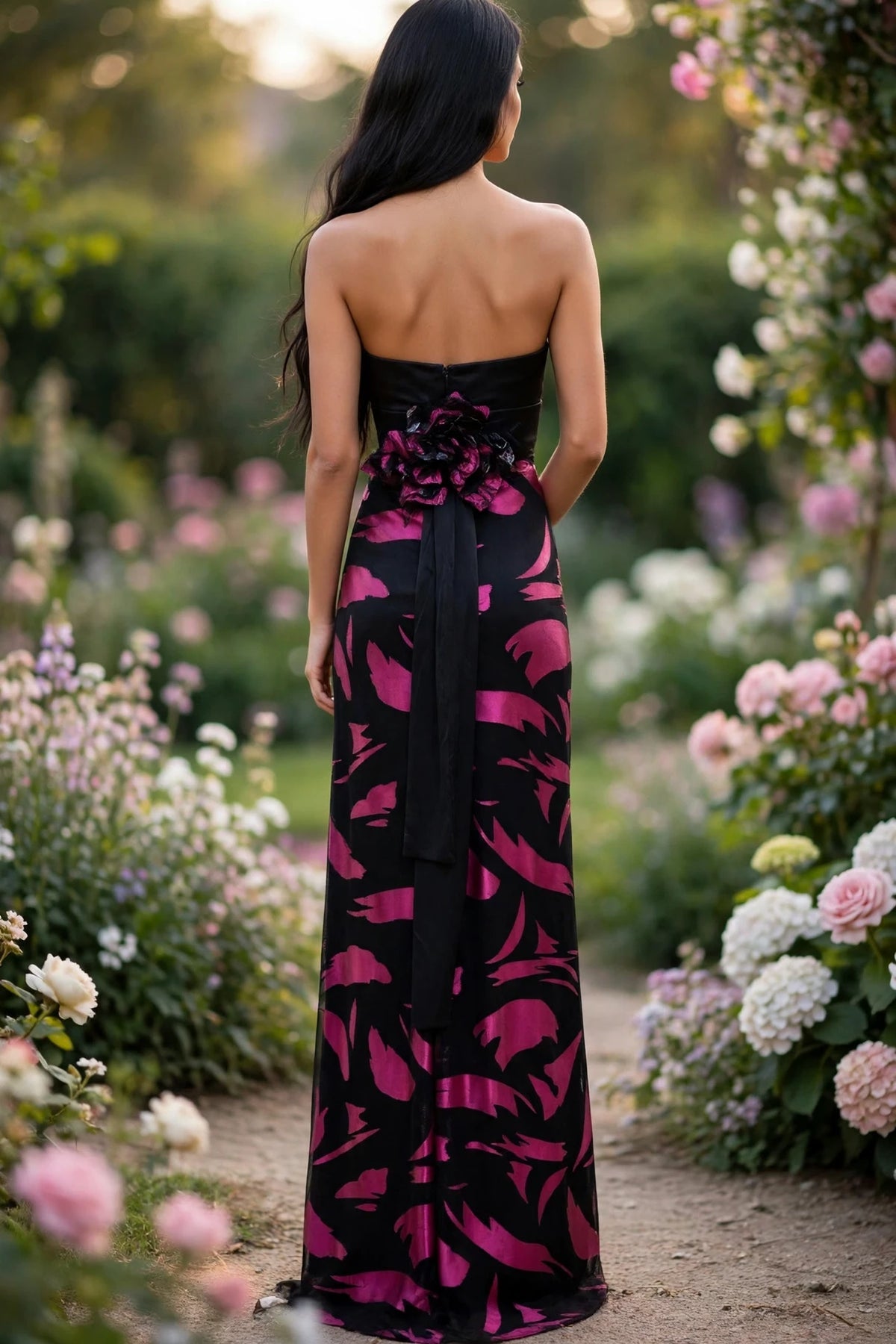 Pink Black strapless abstract print gown with rosette back, back view | PromGirlOutlet