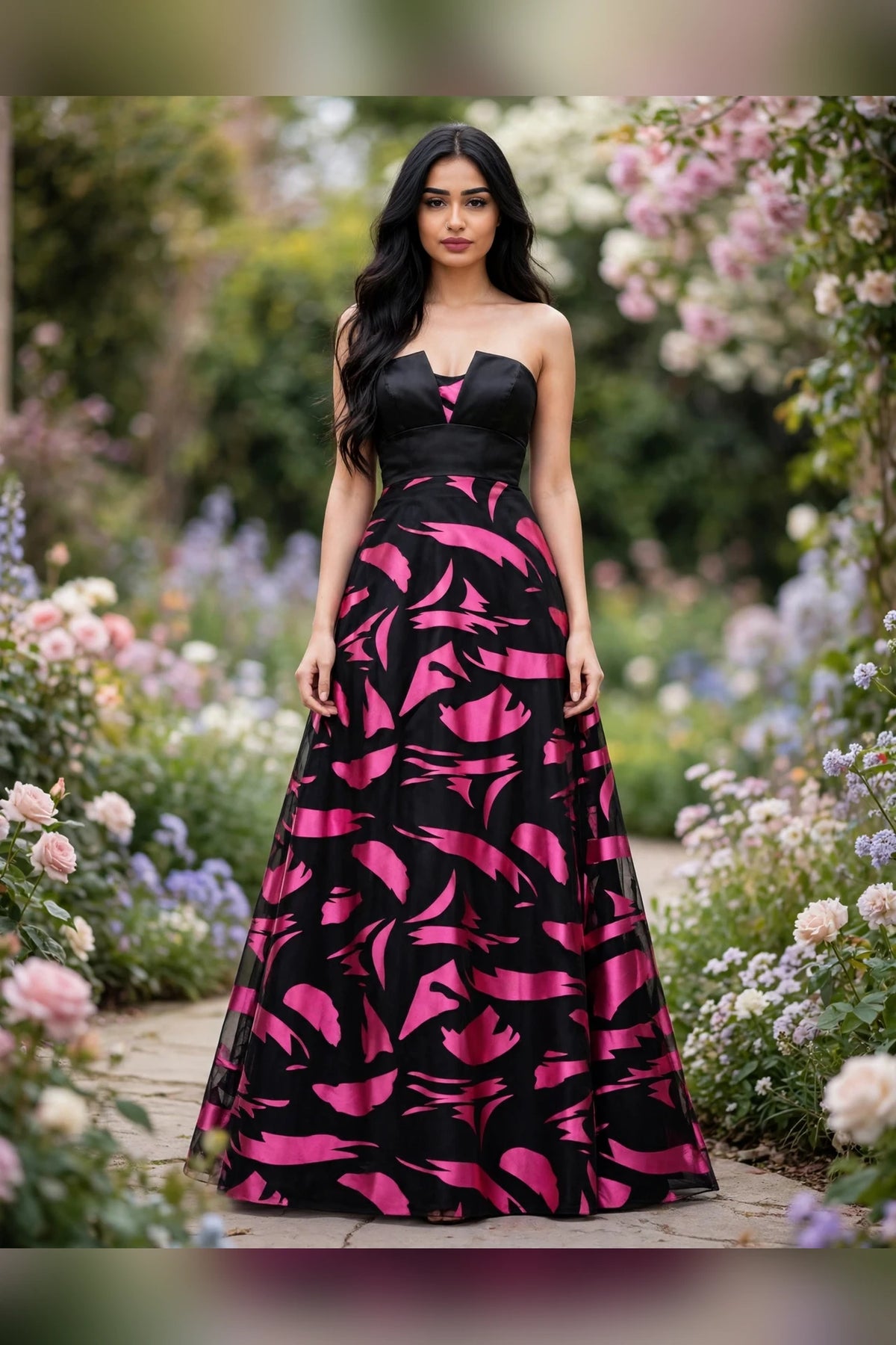 Pink Black strapless abstract print gown with rosette back, front view | PromGirlOutlet