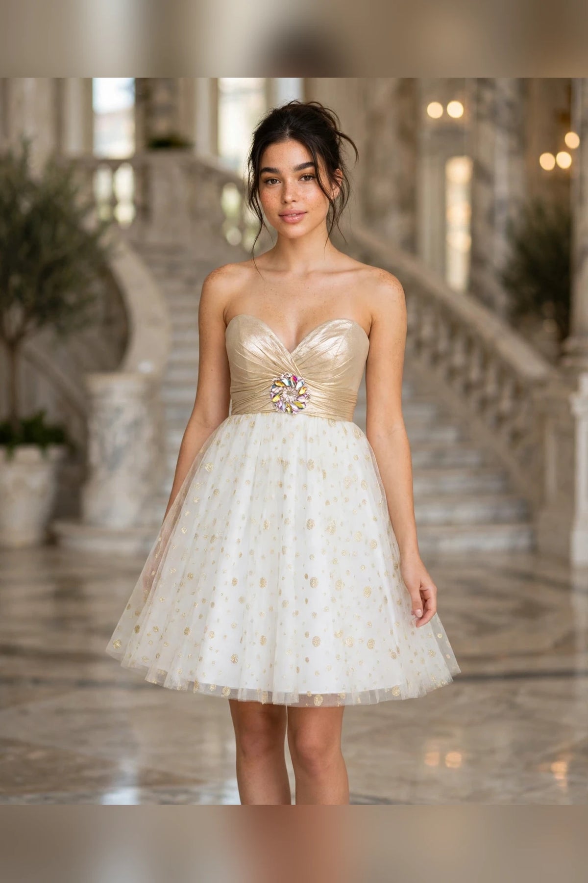 White Gold strapless sweetheart gold dot tulle short dress, front view | PromGirlOutlet