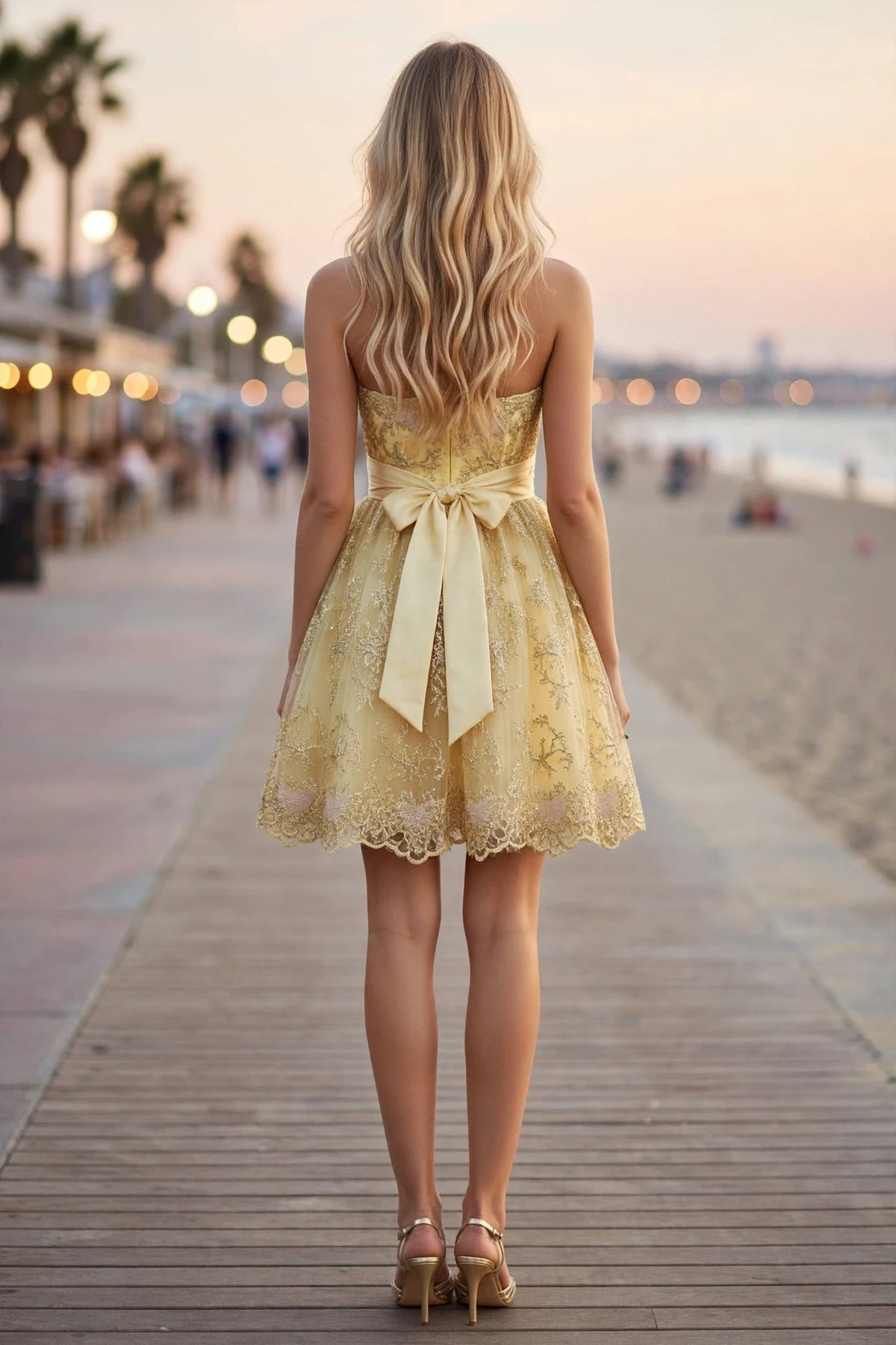 Gold Light Pink strapless sweetheart metallic lace babydoll short dress with satin sash, back view | PromGirlOutlet