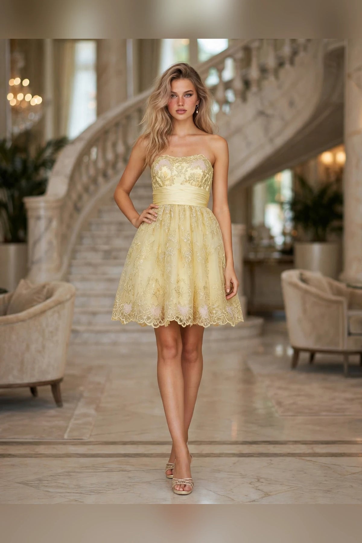 Gold strapless sweetheart lace babydoll short dress with satin sash, front view | PromGirlOutlet