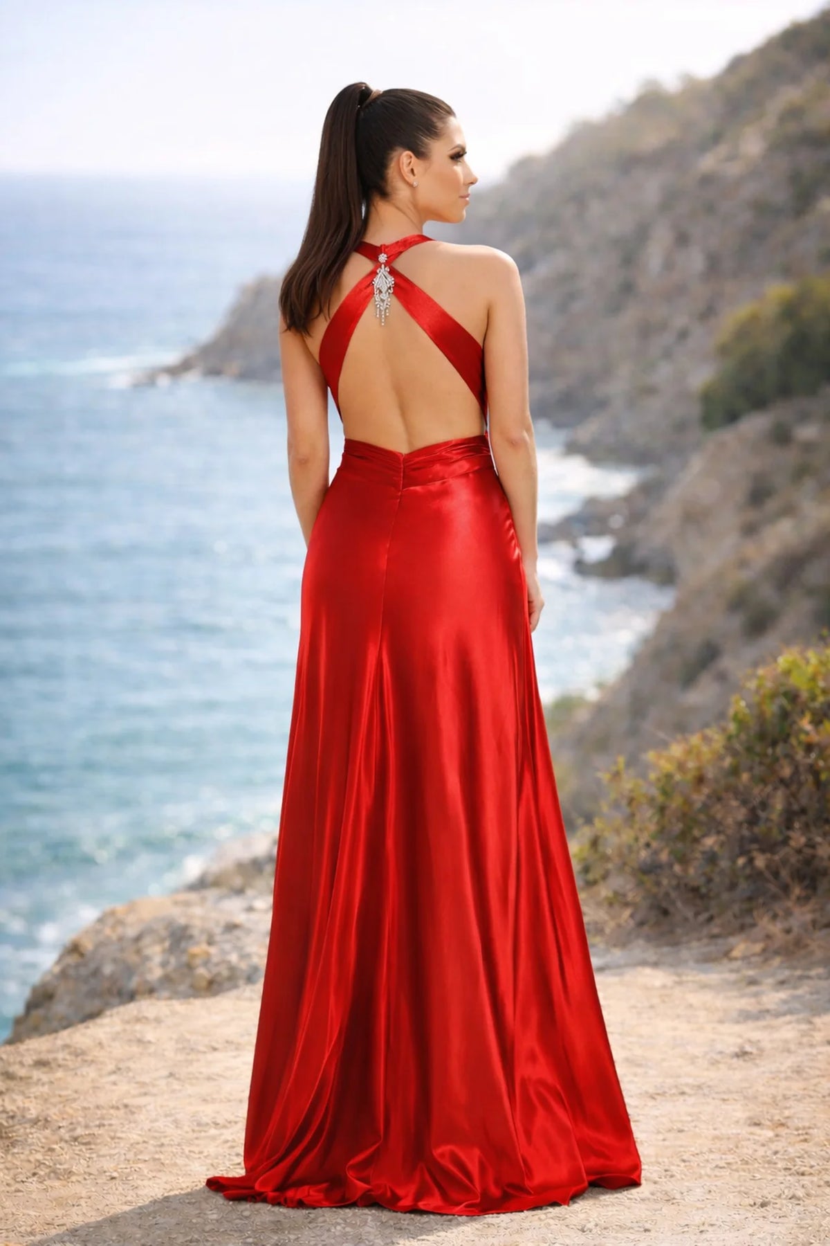 Satin Halter Evening Gown with Jeweled Keyhole Back & Side Slit - back view
