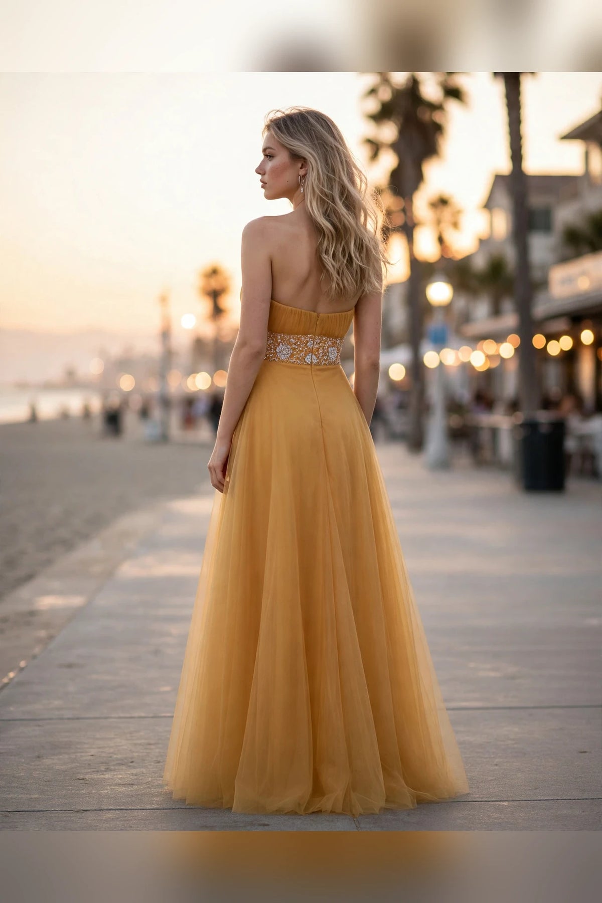 Yellow Orange strapless A-line tulle gown with beaded waist, back view | PromGirlOutlet