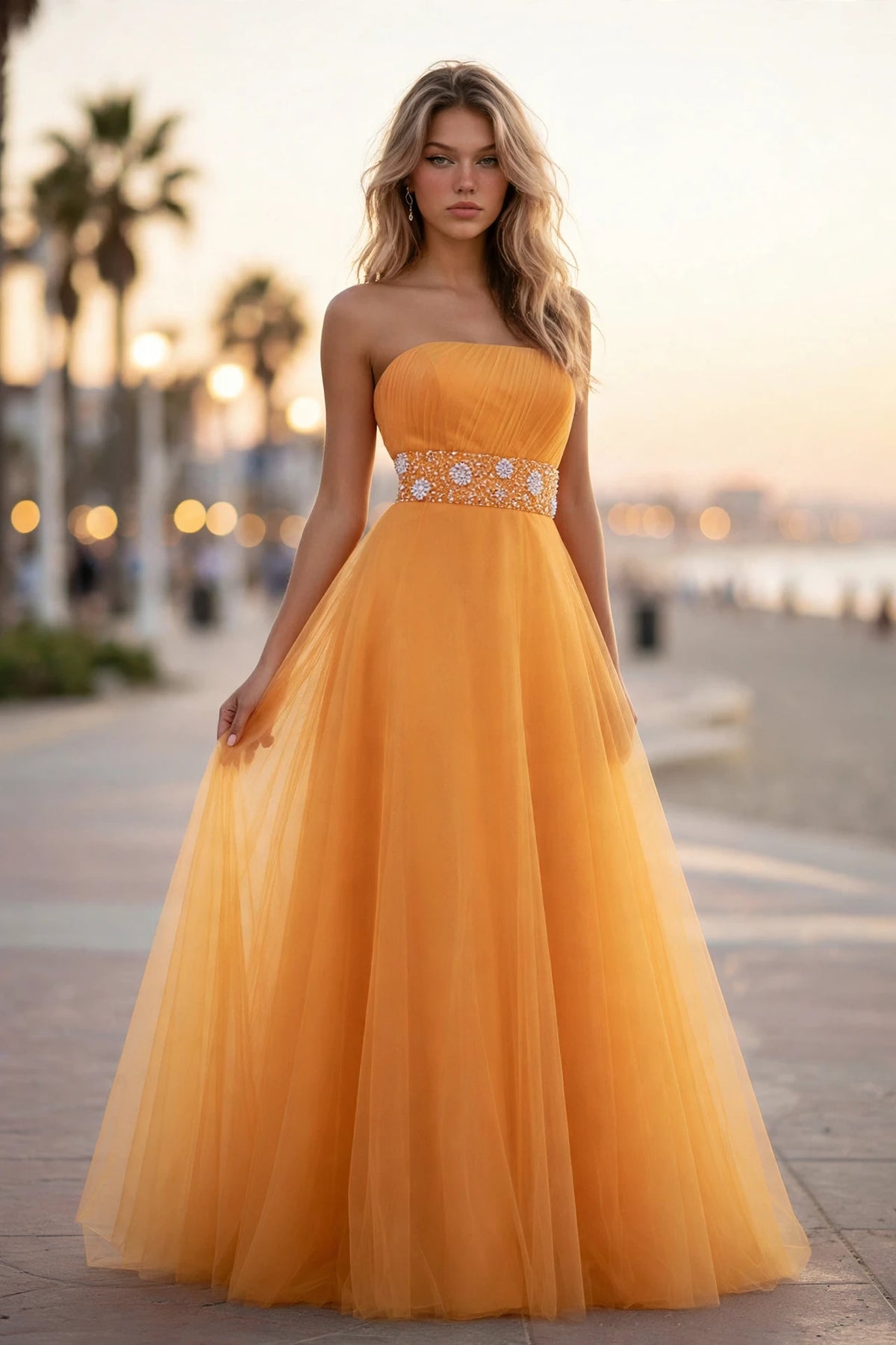 Yellow Orange strapless A-line tulle gown with beaded waist, front view | PromGirlOutlet
