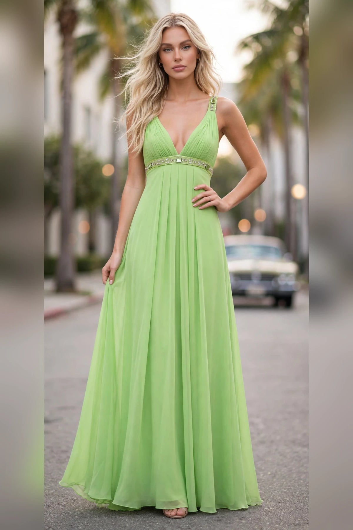 Key Lime plunging V-neck empire waist chiffon prom gown with crystal beading, front view | PromGirlOutlet