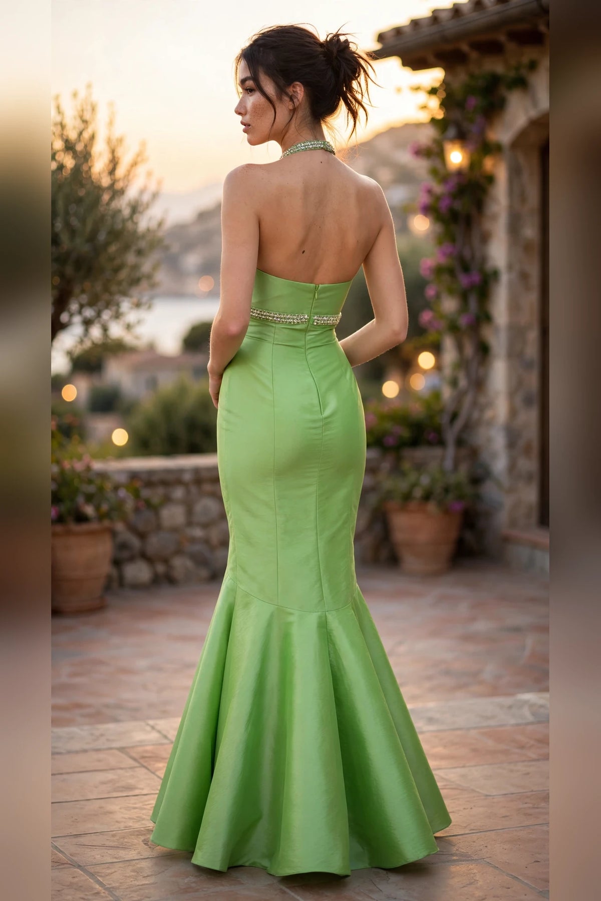 Lime green mermaid prom dress with beaded halter straps and beaded waistband, back view | PromGirlOutlet