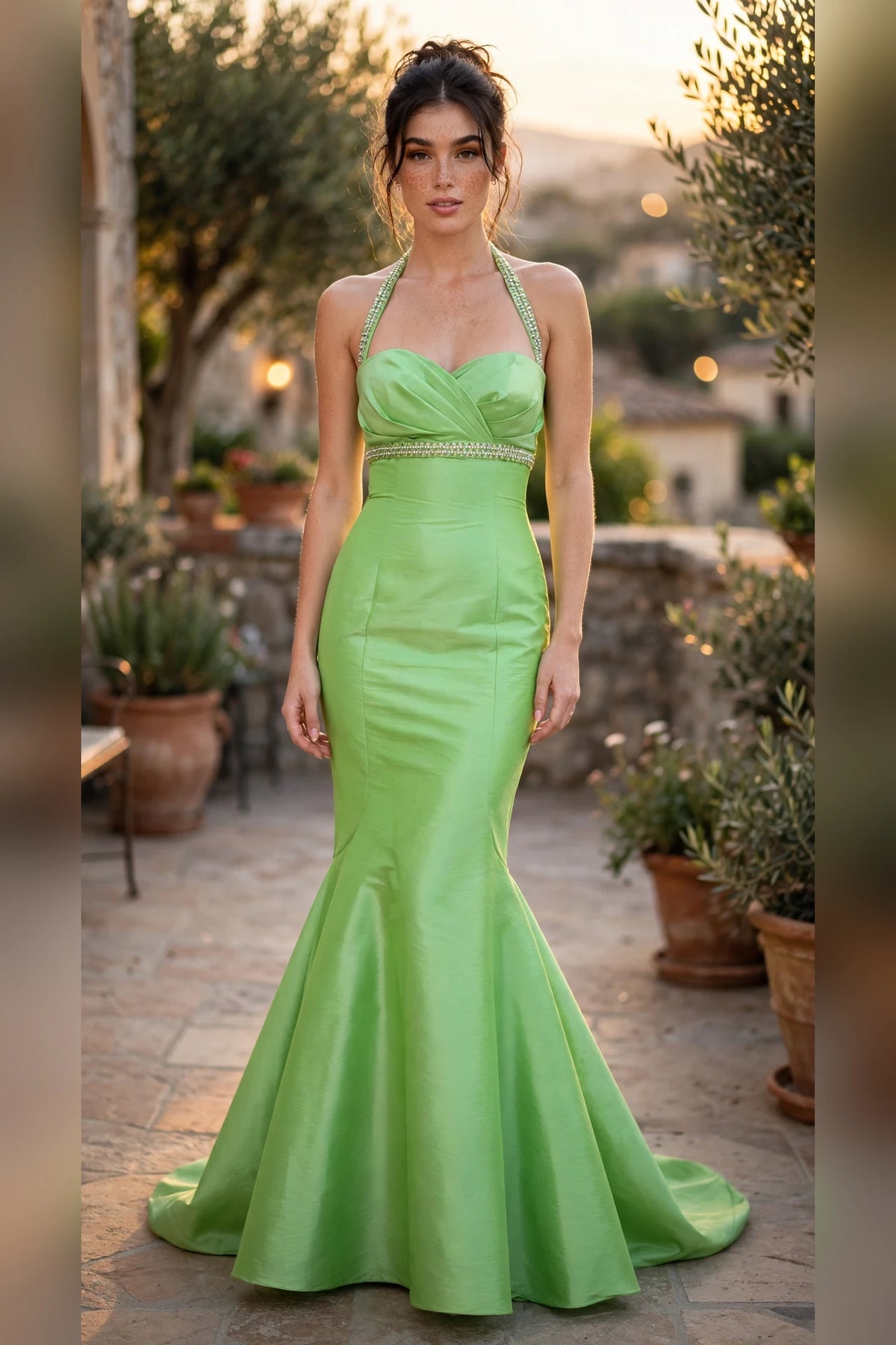 Lime green mermaid prom dress with beaded halter straps and beaded waistband, front view | PromGirlOutlet