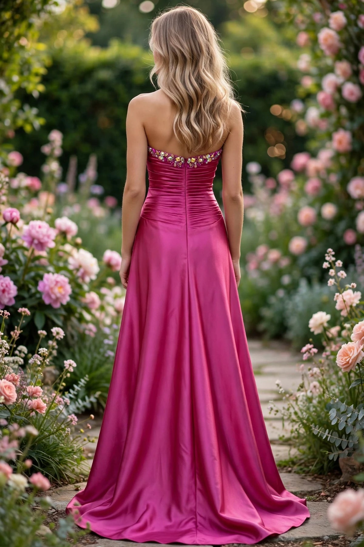 Fuchsia strapless sweetheart jeweled satin A-line gown, back view | PromGirlOutlet