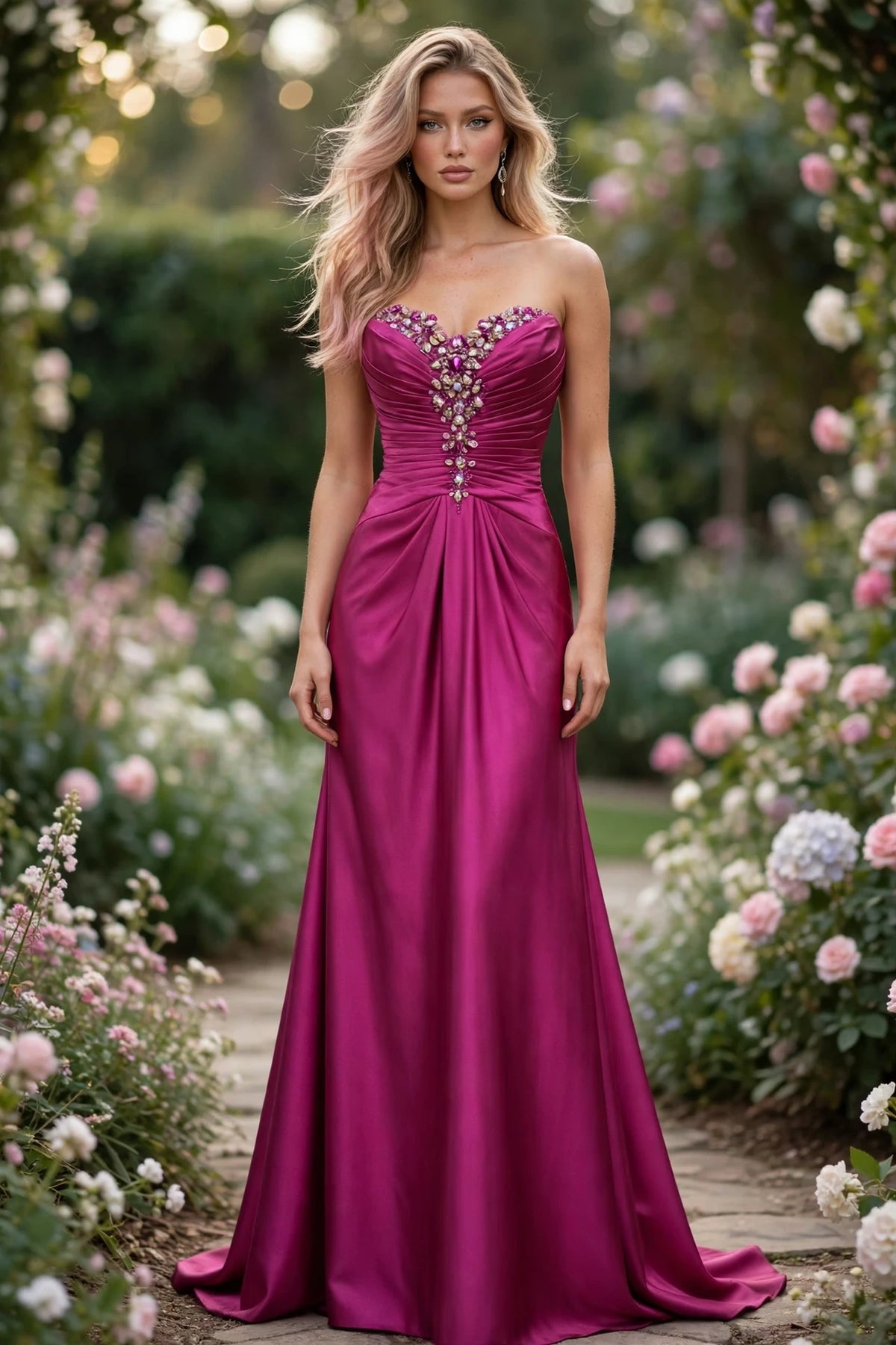 Fuchsia strapless sweetheart jeweled satin A-line gown, front view | PromGirlOutlet