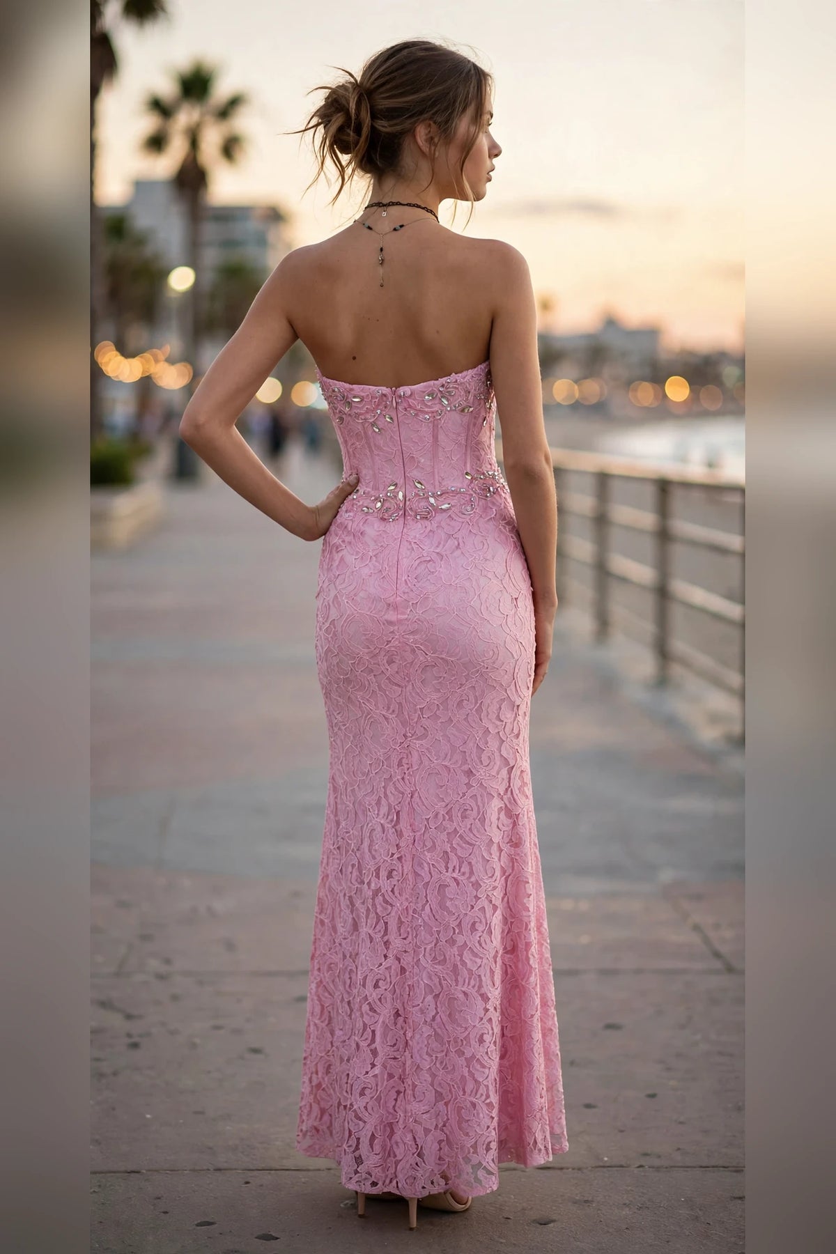 Pink Strapless Lace Sweetheart Evening Gown, back view | PromGirlOutlet