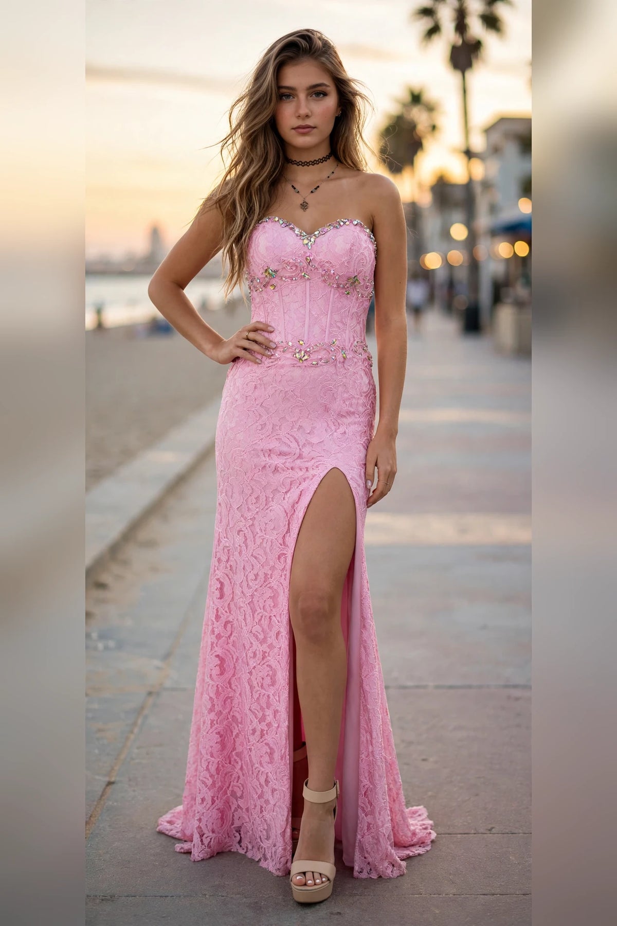 Pink Strapless Lace Sweetheart Evening Gown, front view | PromGirlOutlet