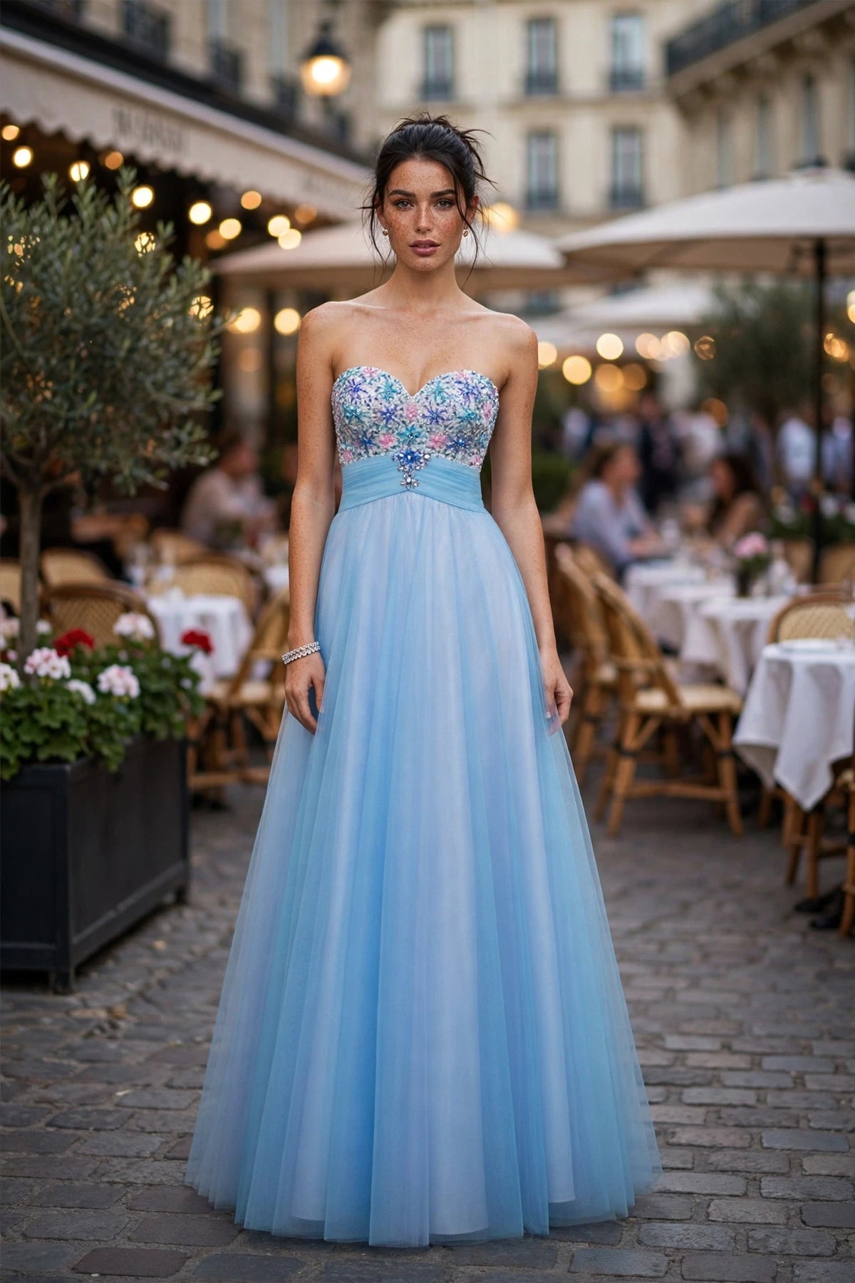 Cotton Candy beaded sweetheart tulle A-line prom gown, front view | PromGirlOutlet