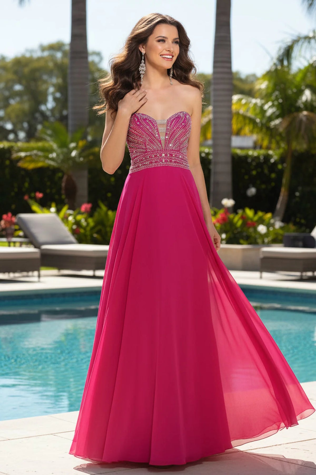 Pink Chiffon A-Line Formal Dress with Beaded Bodice - front view