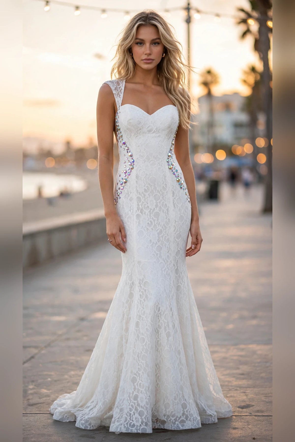White lace mermaid gown with crystal-beaded sides and open back, front view | PromGirlOutlet