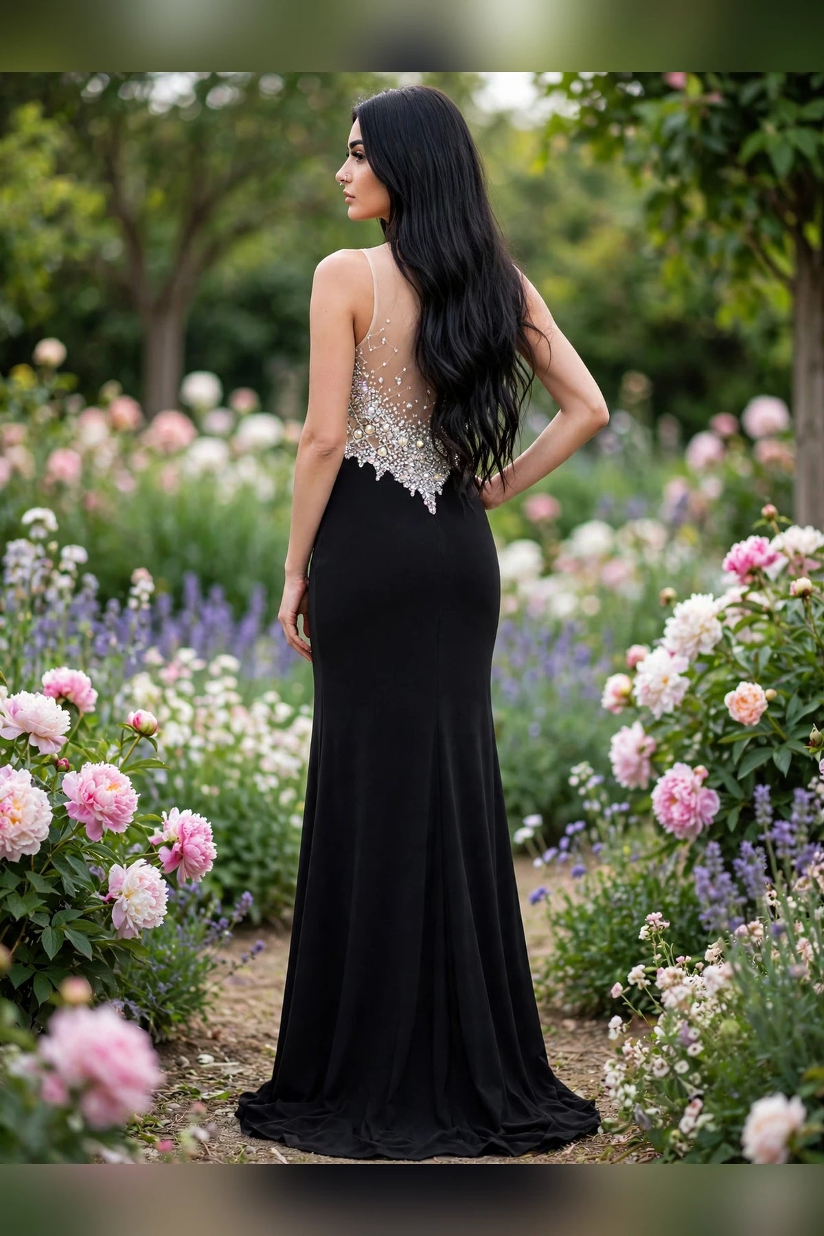 Black black illusion crystal-beaded gown, back view | PromGirlOutlet