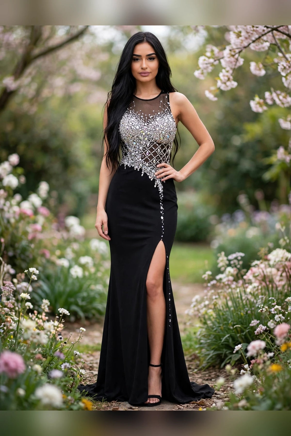 Black black illusion crystal-beaded gown, front view | PromGirlOutlet