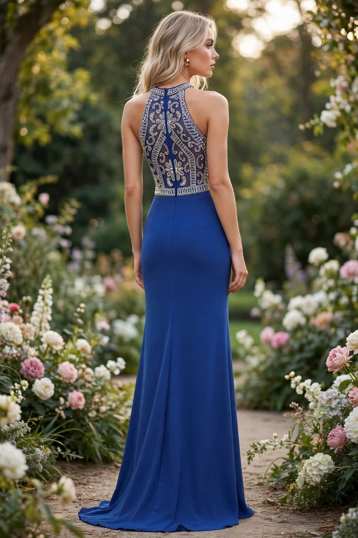 Royal Art Deco beaded halter evening gown, back view | PromGirlOutlet