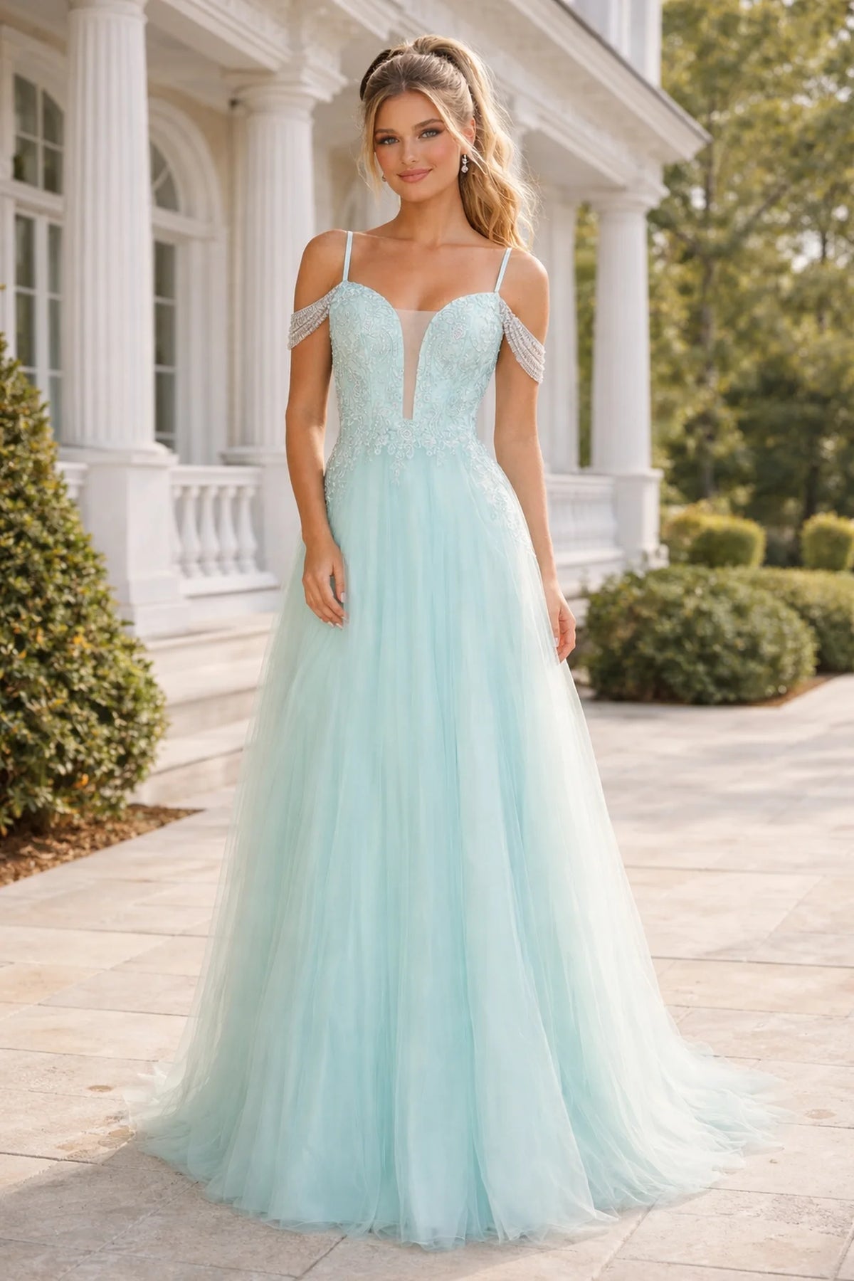 Off Shoulder Mint Beaded Lace A-Line Formal Dress - front view