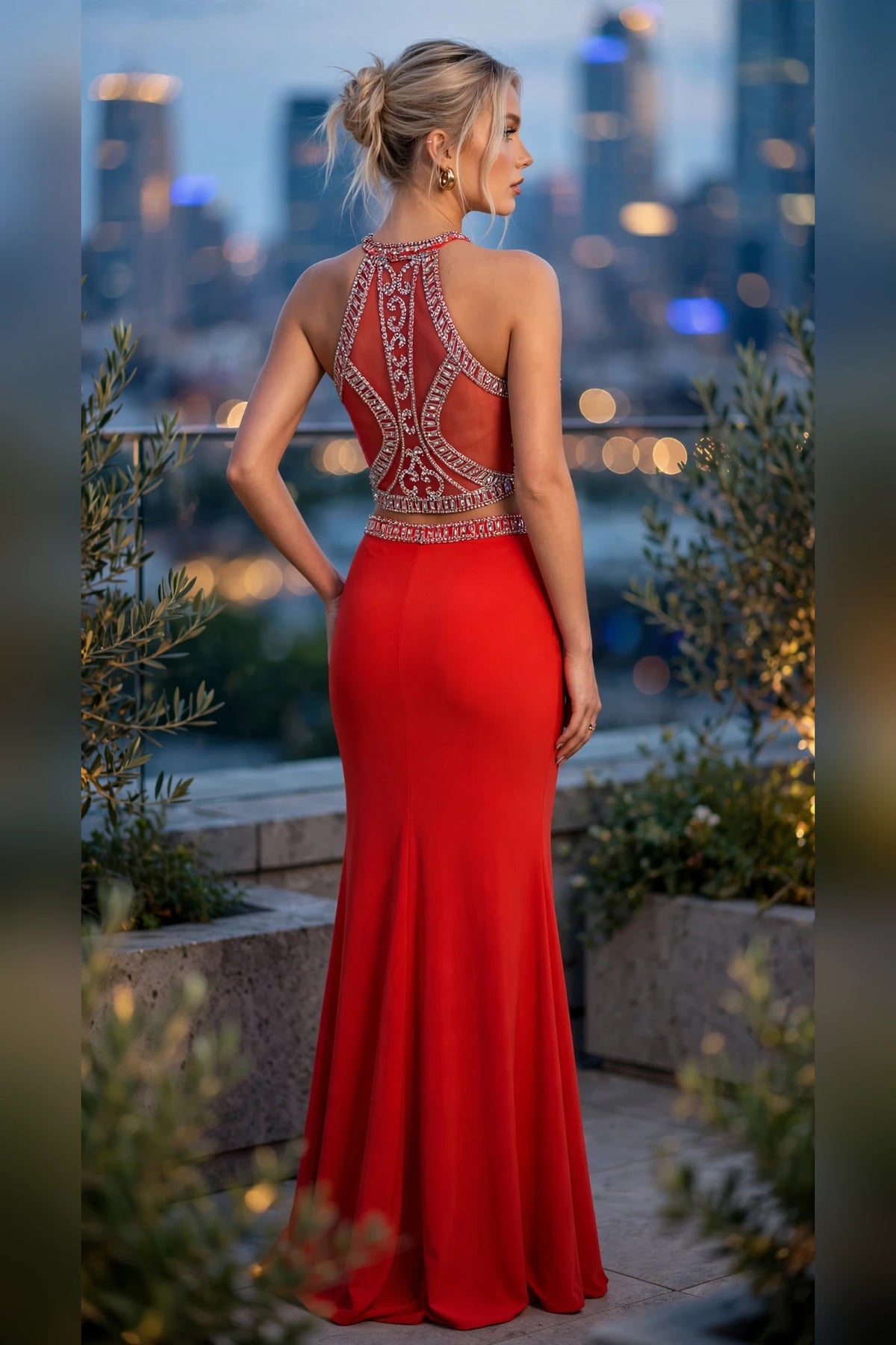 Watermelon Beaded Halter Two-Piece Prom Dress, back view | PromGirlOutlet