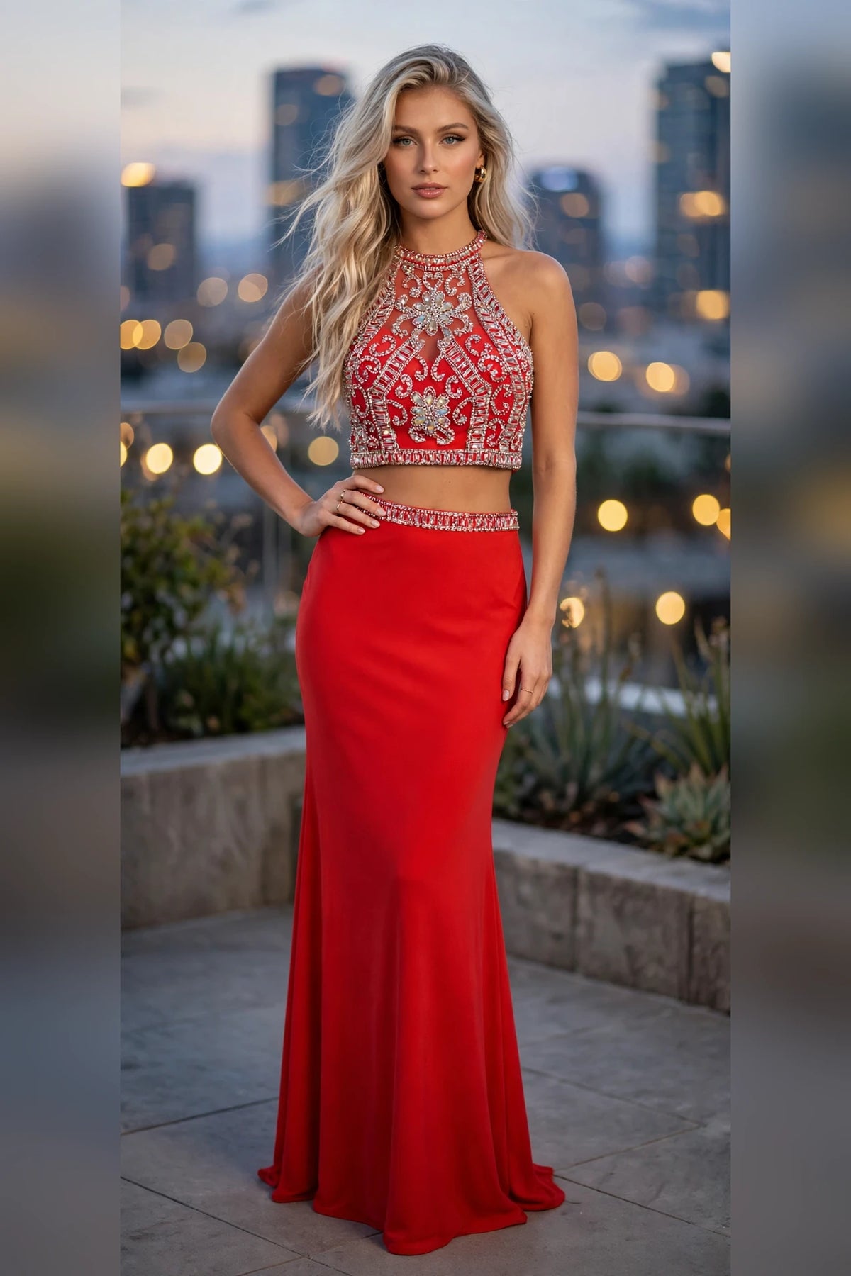 Watermelon Beaded Halter Two-Piece Prom Dress, front view | PromGirlOutlet