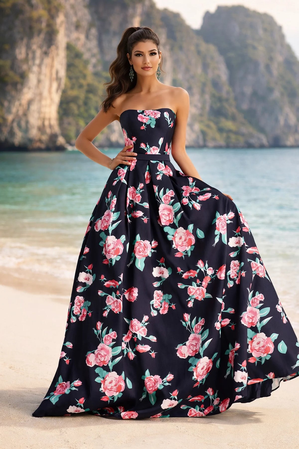 Navy Floral Print Ballgown with Corset and Pockets - front view