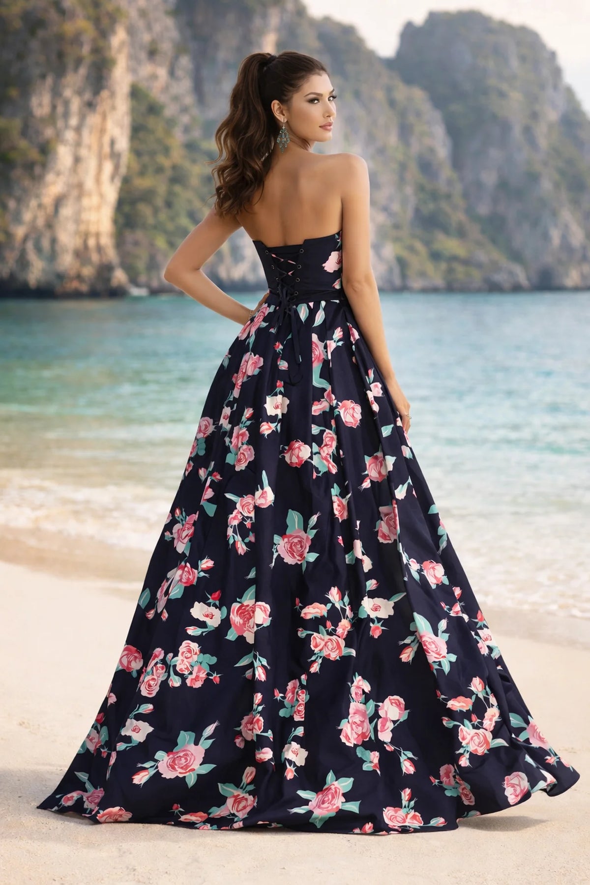 Navy Floral Print Ballgown with Corset and Pockets - back view