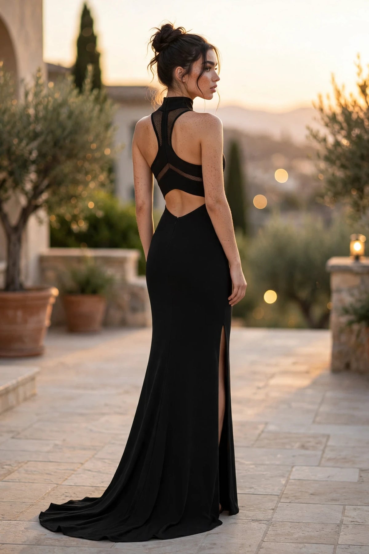 Black high-neck illusion mesh fitted gown with high slit, back view | PromGirlOutlet