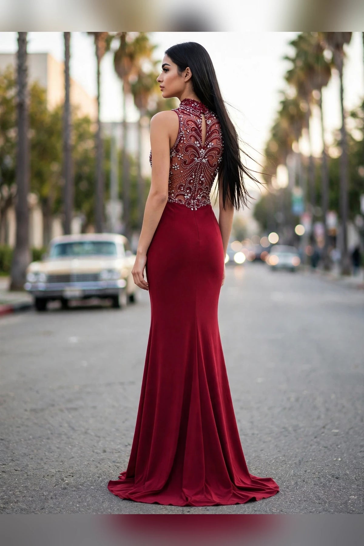 Ruby beaded illusion high-neck gown with keyhole bodice, back view | PromGirlOutlet