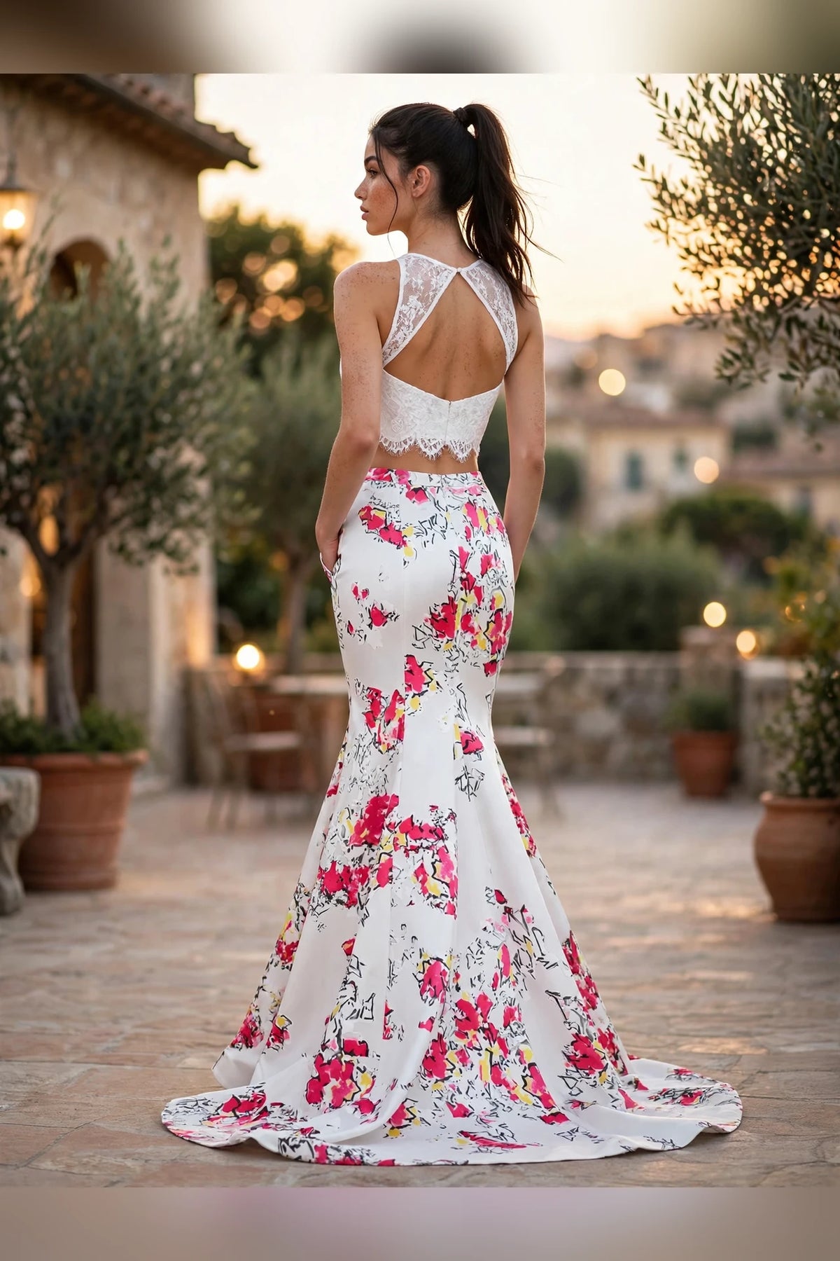 White/White two-piece white lace halter crop top floral mermaid gown, back view | PromGirlOutlet