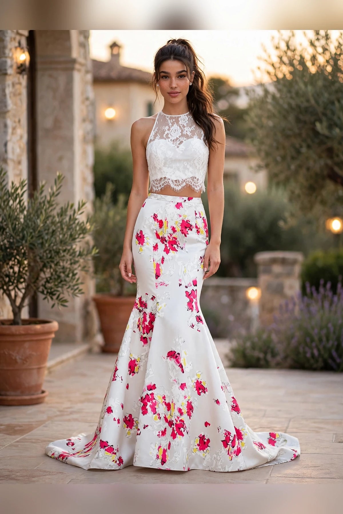 White/White two-piece white lace halter crop top floral mermaid gown, front view | PromGirlOutlet