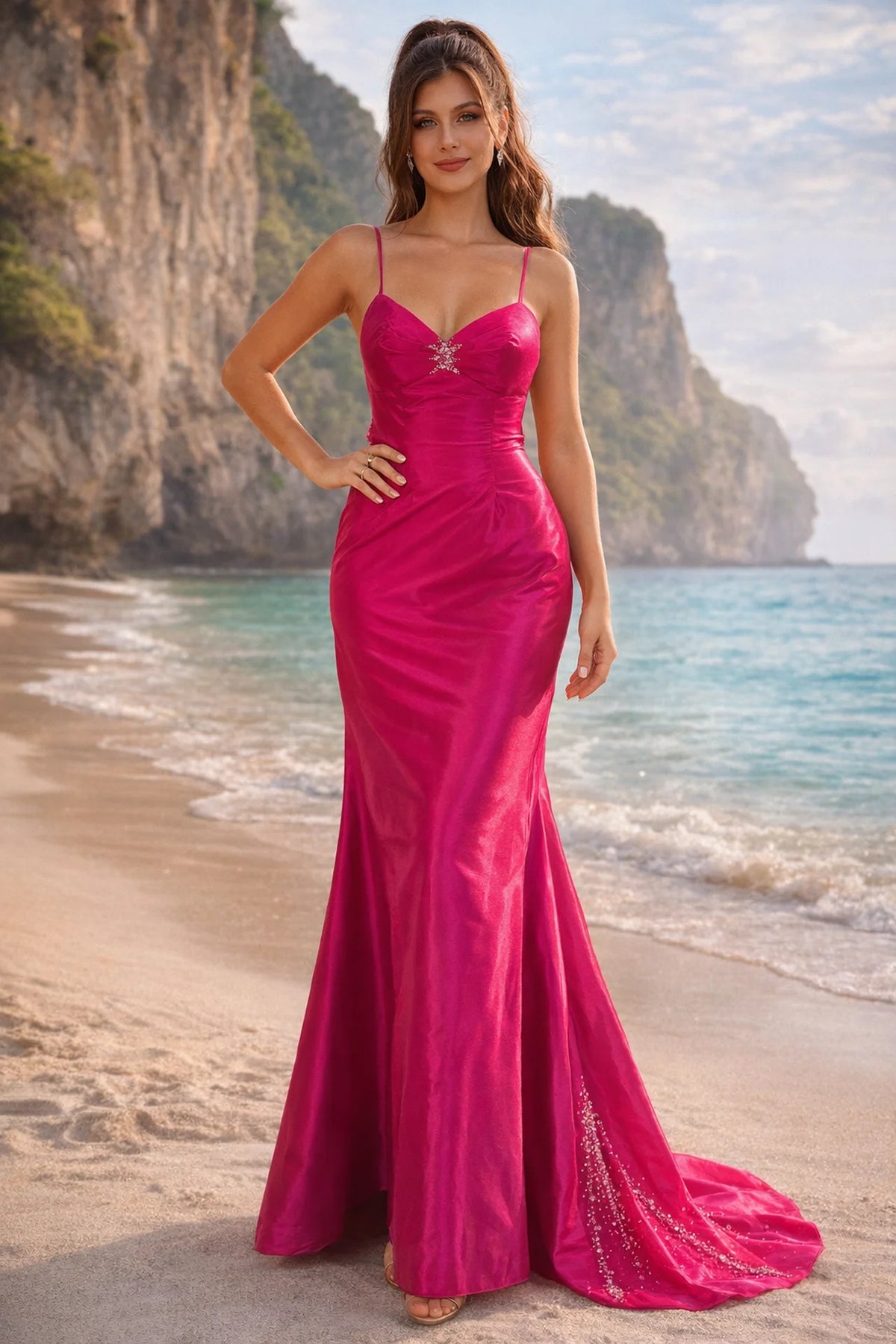 Spaghetti Strap V-Neck Prom Dress with Open Back and Beading Embellishment - front view