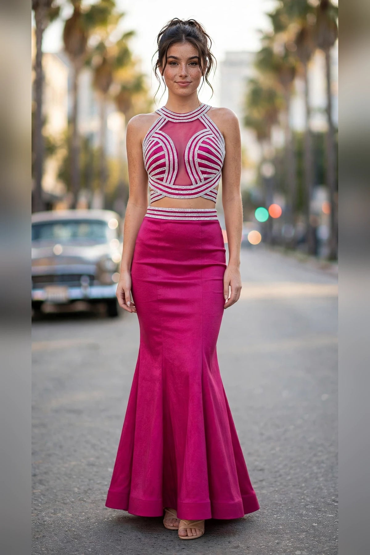 Fuchsia Beaded Halter Two-Piece Mermaid Prom Dress, front view | PromGirlOutlet