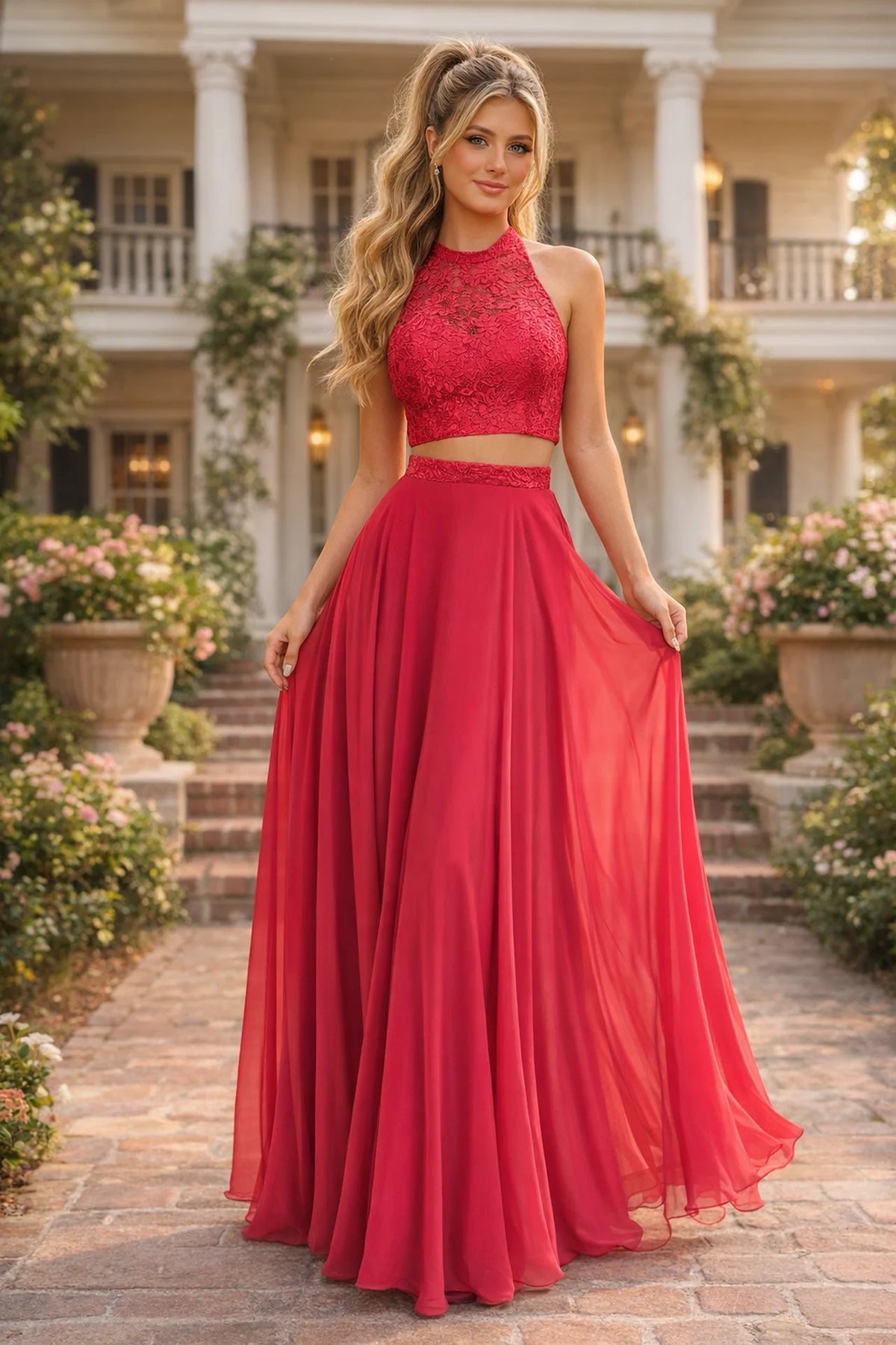 Halter Two-Piece A-Line Prom Dress with Lace Top and Chiffon Skirt - front view