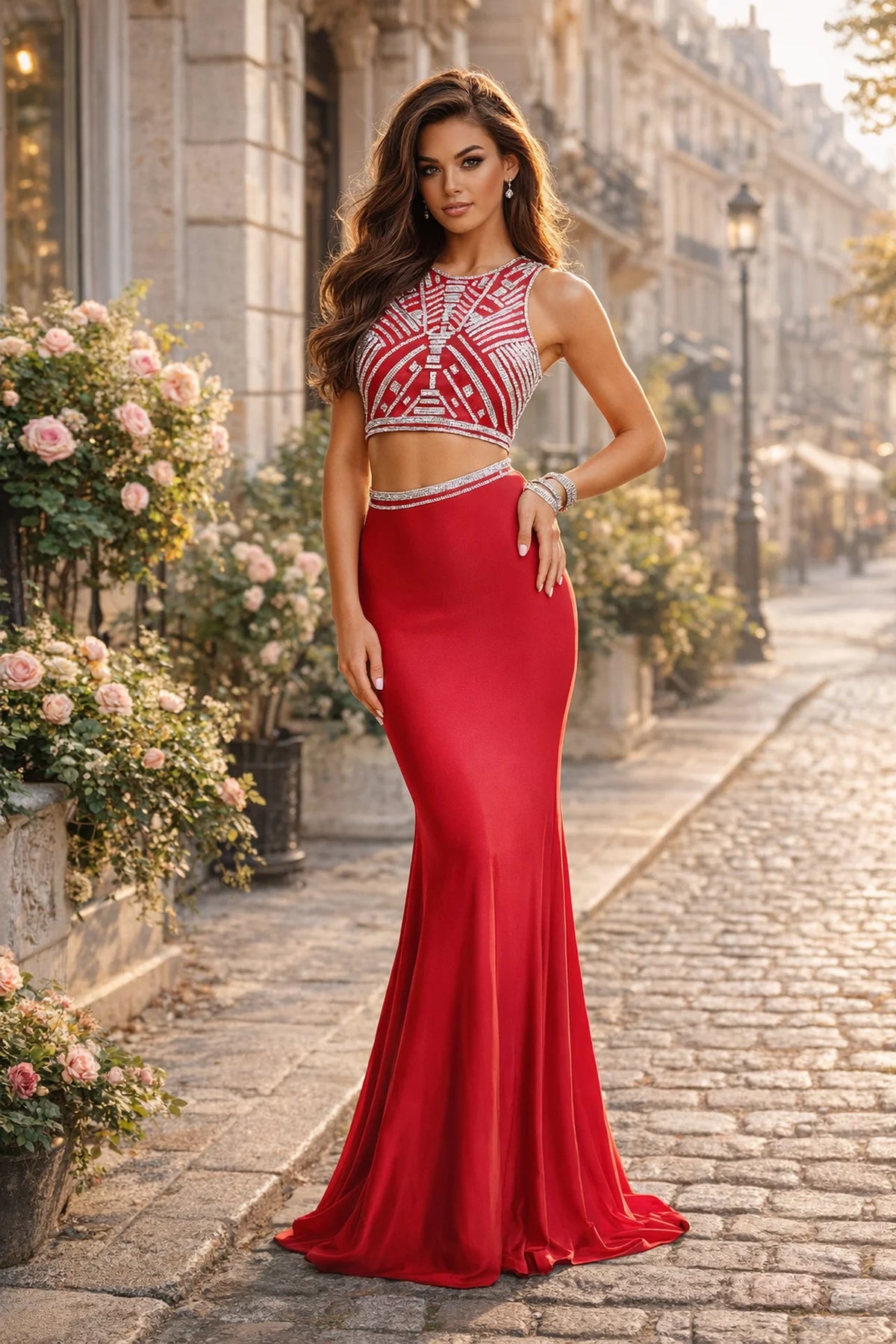 Two-Piece Beaded Crop Top Prom Dress with Fitted Skirt - front view