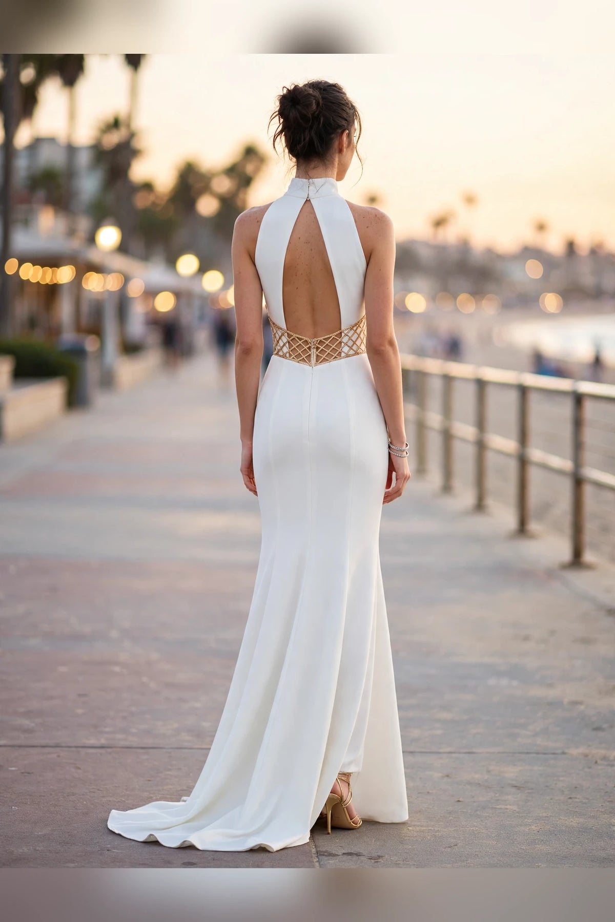 Off White high-neck sheath gown with lattice waist and open back, back view | PromGirlOutlet