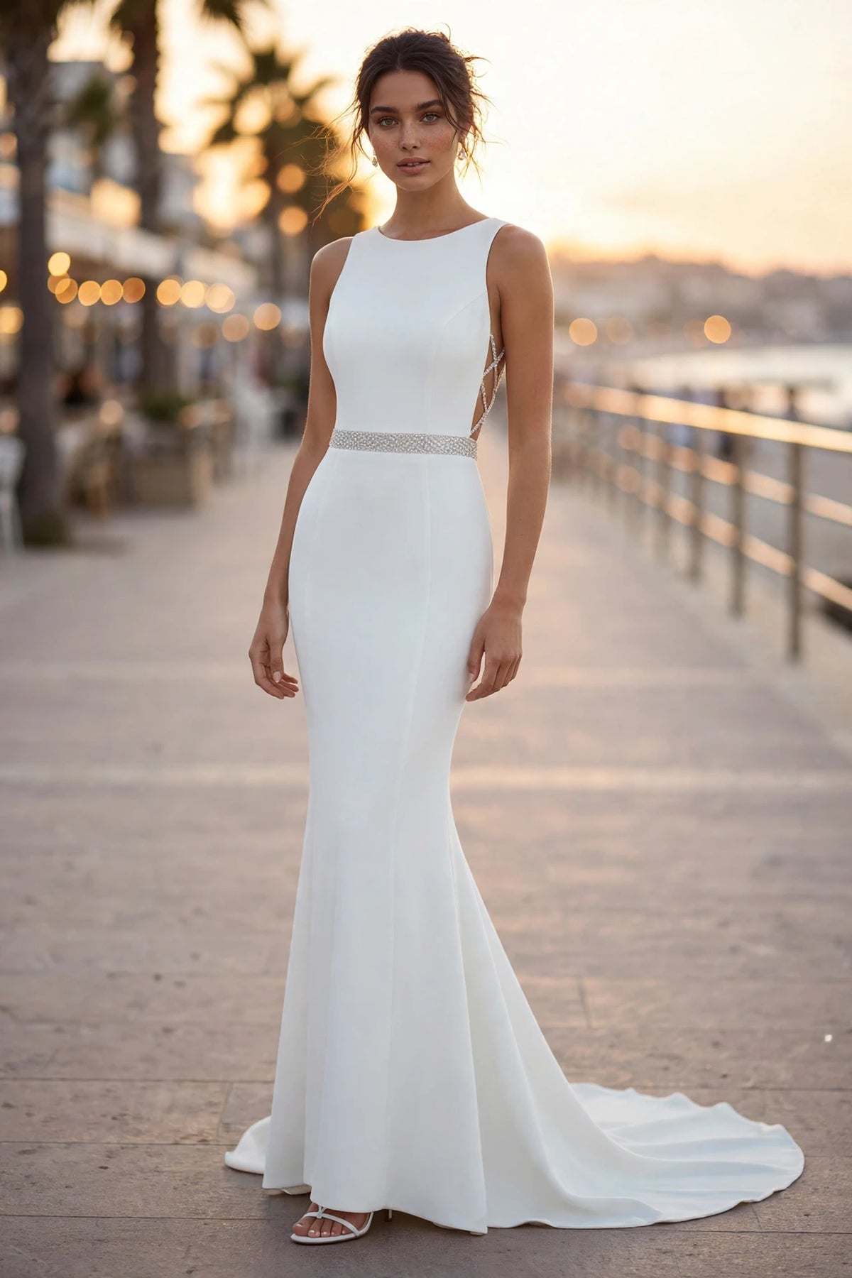 Off White high-neck sheath gown with lattice waist and open back, front view | PromGirlOutlet