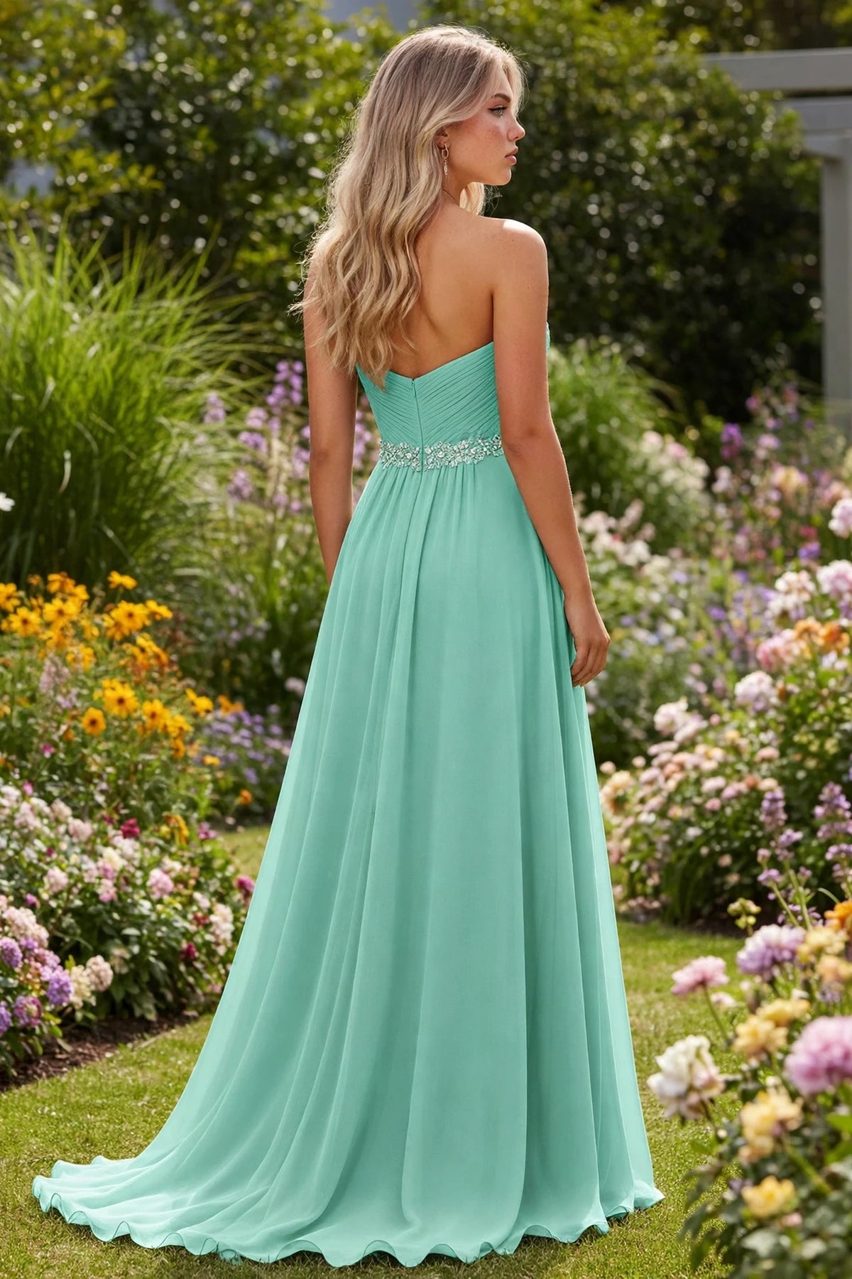 Seafoam strapless sweetheart chiffon A-line gown with crystal beaded belt, back view | PromGirlOutlet