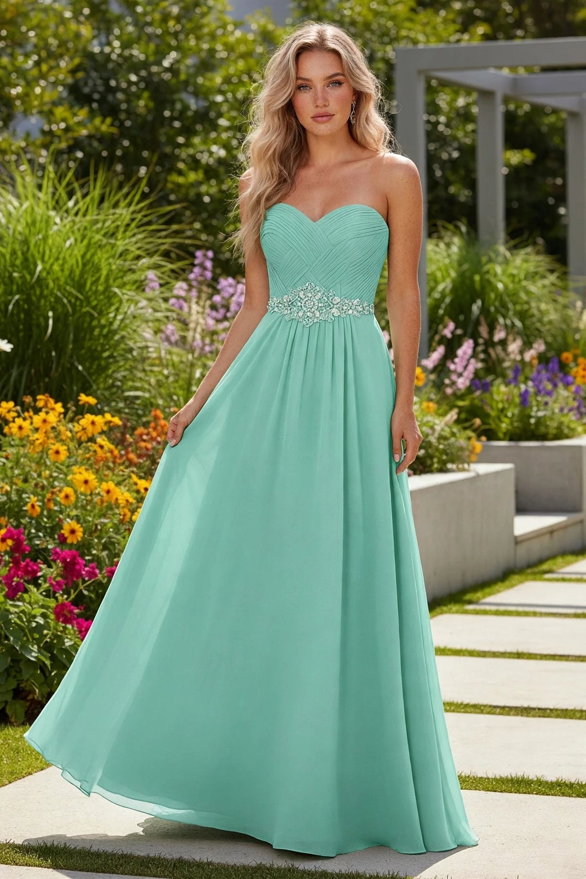 Seafoam strapless sweetheart chiffon A-line gown with crystal beaded belt, front view | PromGirlOutlet