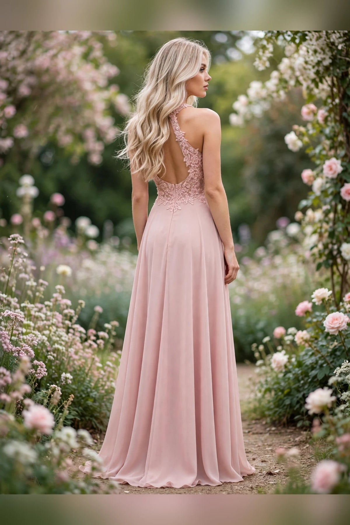 Blush illusion halter lace chiffon A-line gown, back view | PromGirlOutlet