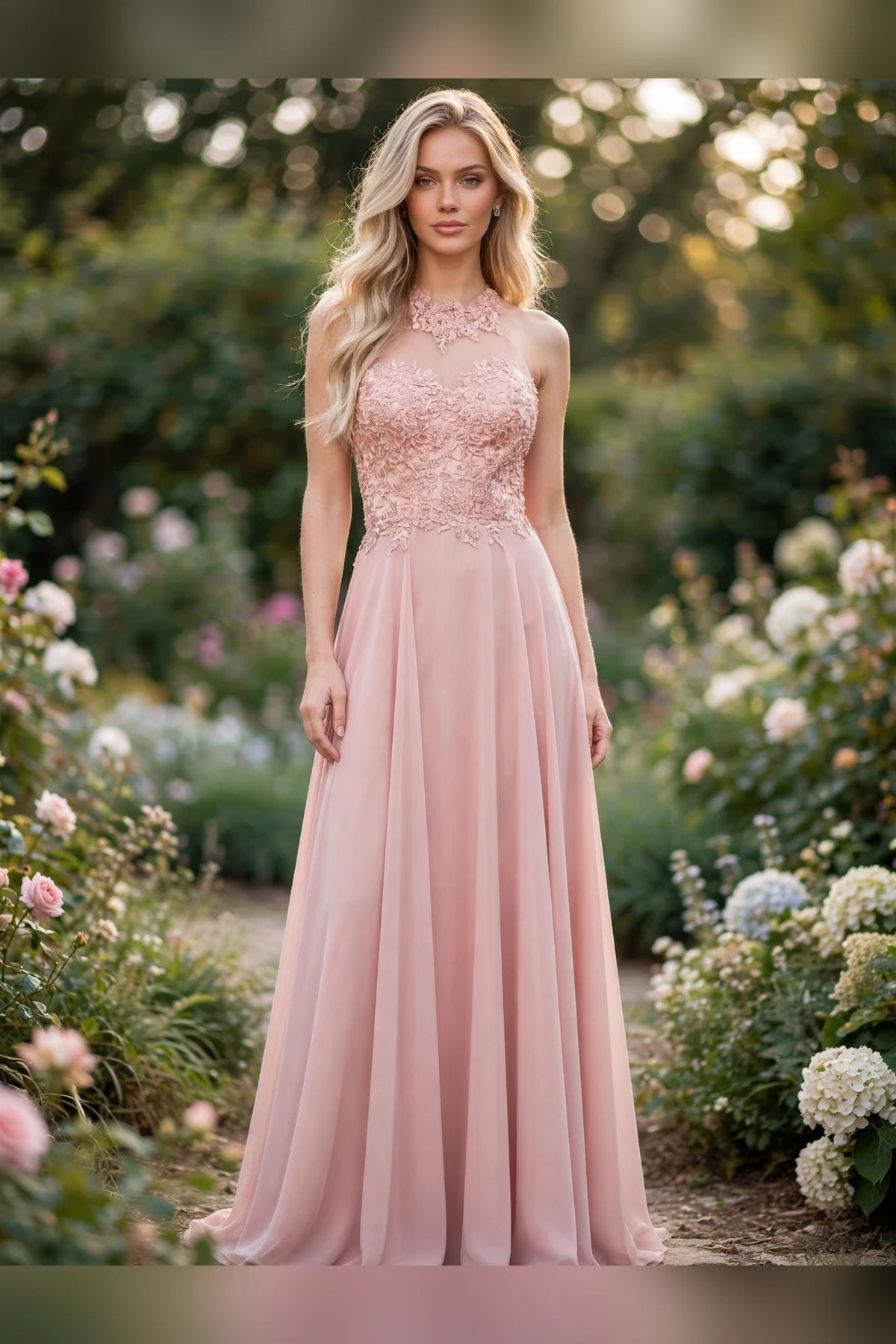Blush illusion halter lace chiffon A-line gown, front view | PromGirlOutlet