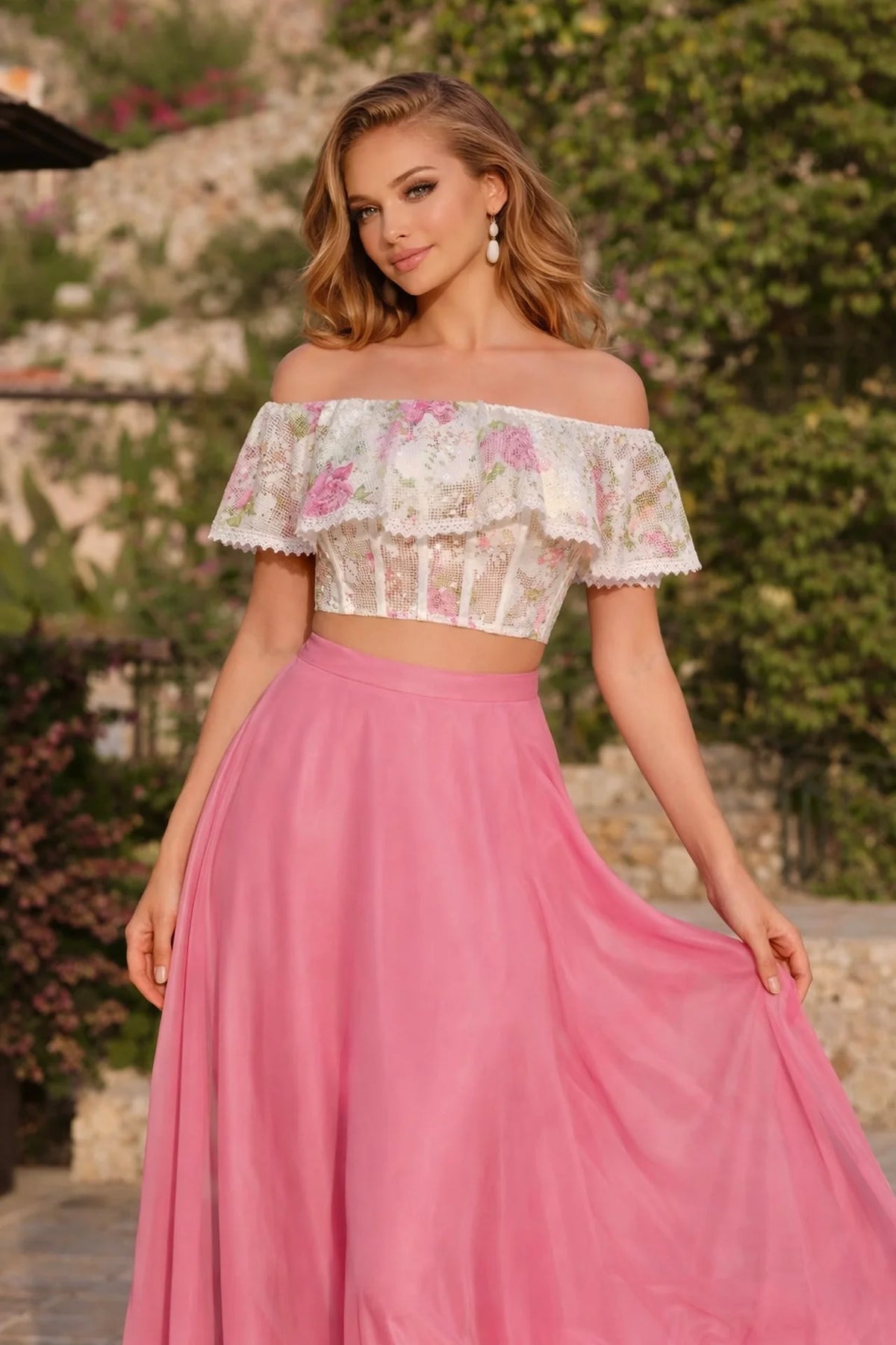 Two-Piece Pink Floral Prom Dress with Ruffle Top - back view