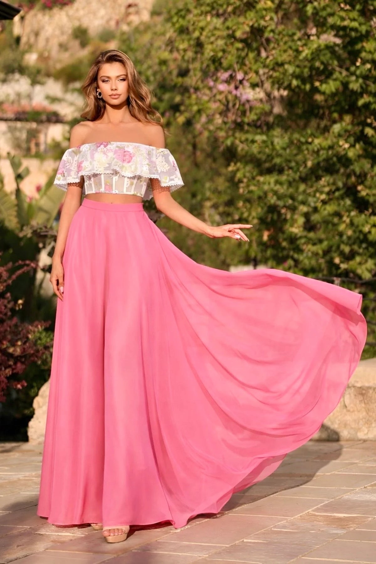 Two-Piece Pink Floral Prom Dress with Ruffle Top - front view