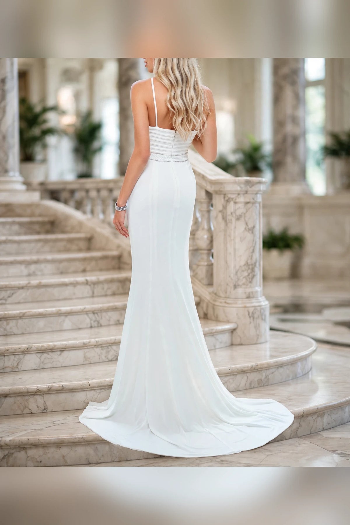 Ivory halter illusion neckline beaded waist gown, back view | PromGirlOutlet