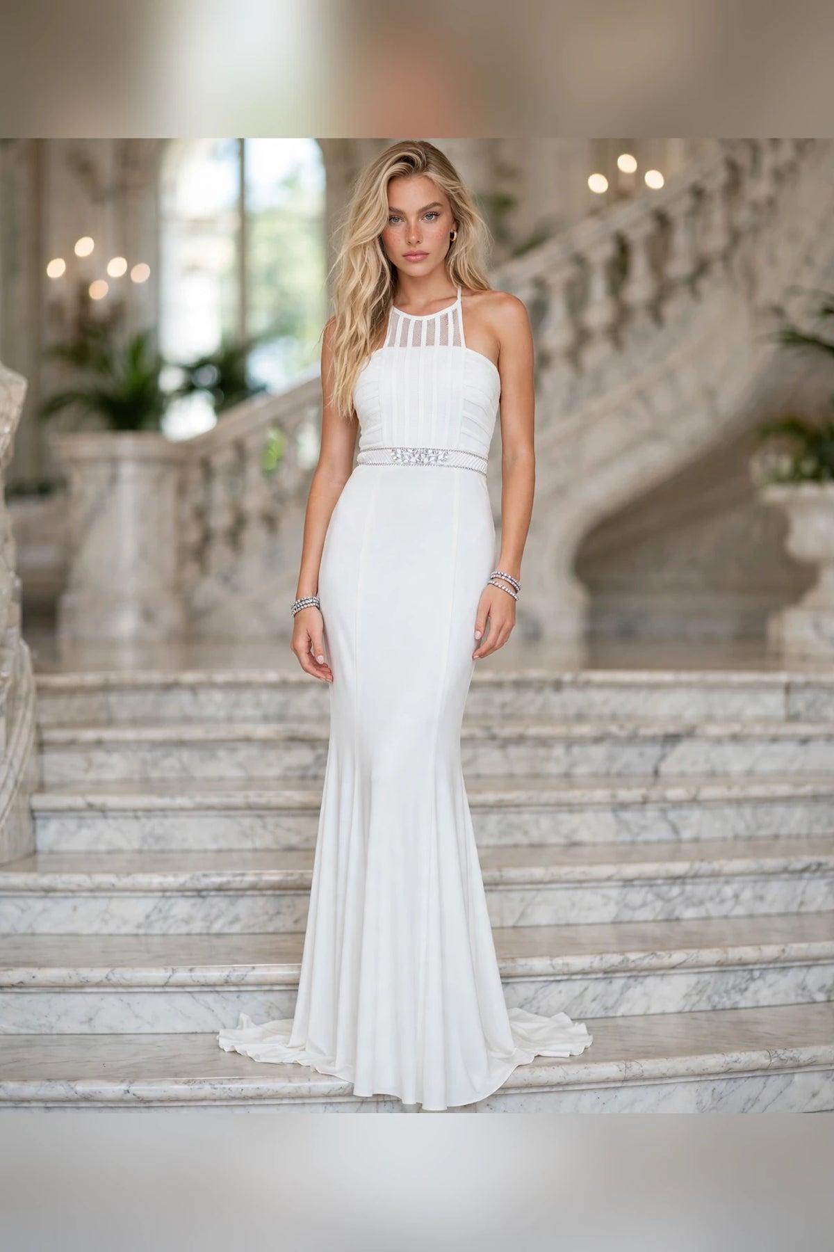 Ivory halter illusion neckline beaded waist gown, front view | PromGirlOutlet