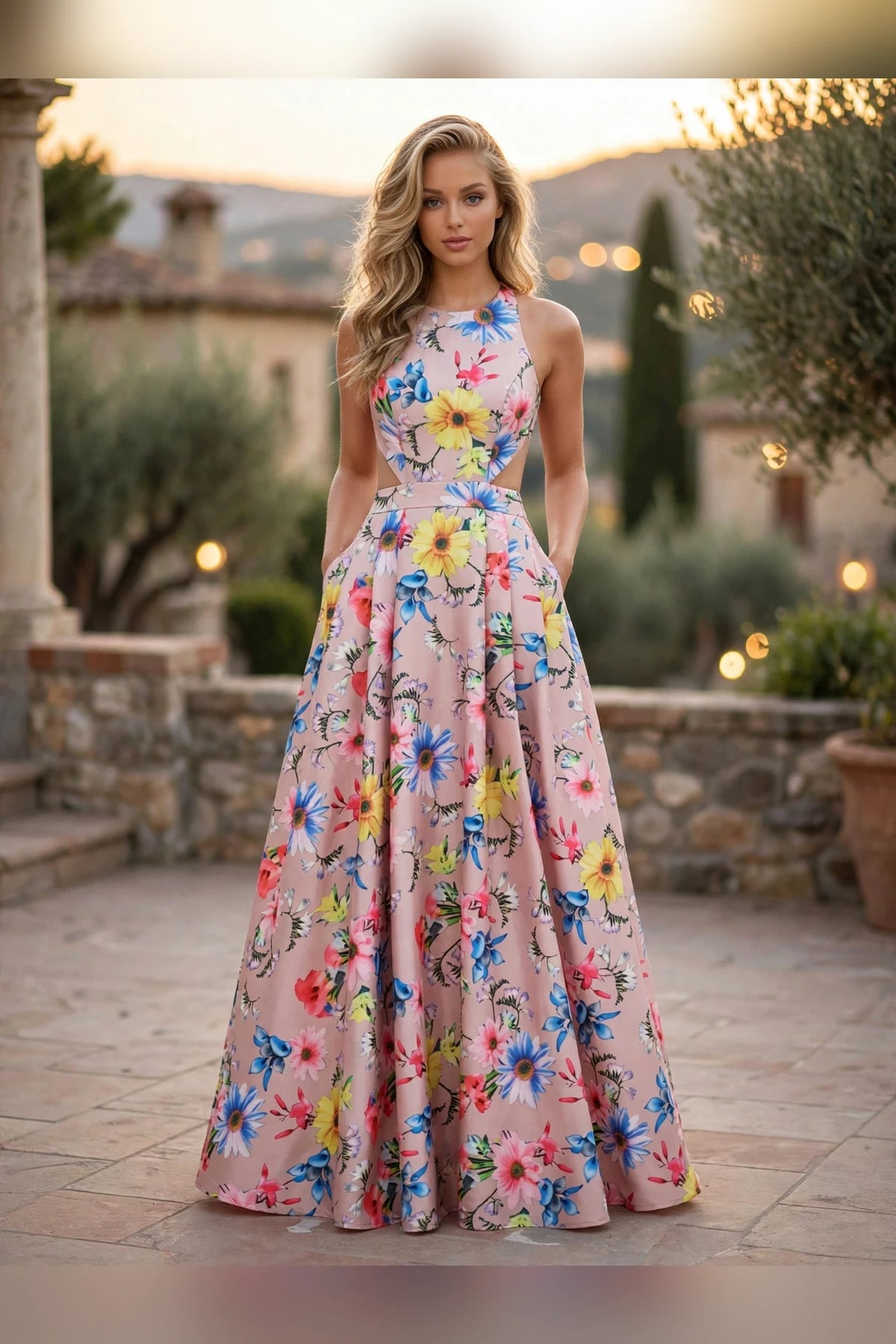 Blush floral print halter gown with side cutouts and open back, front view | PromGirlOutlet