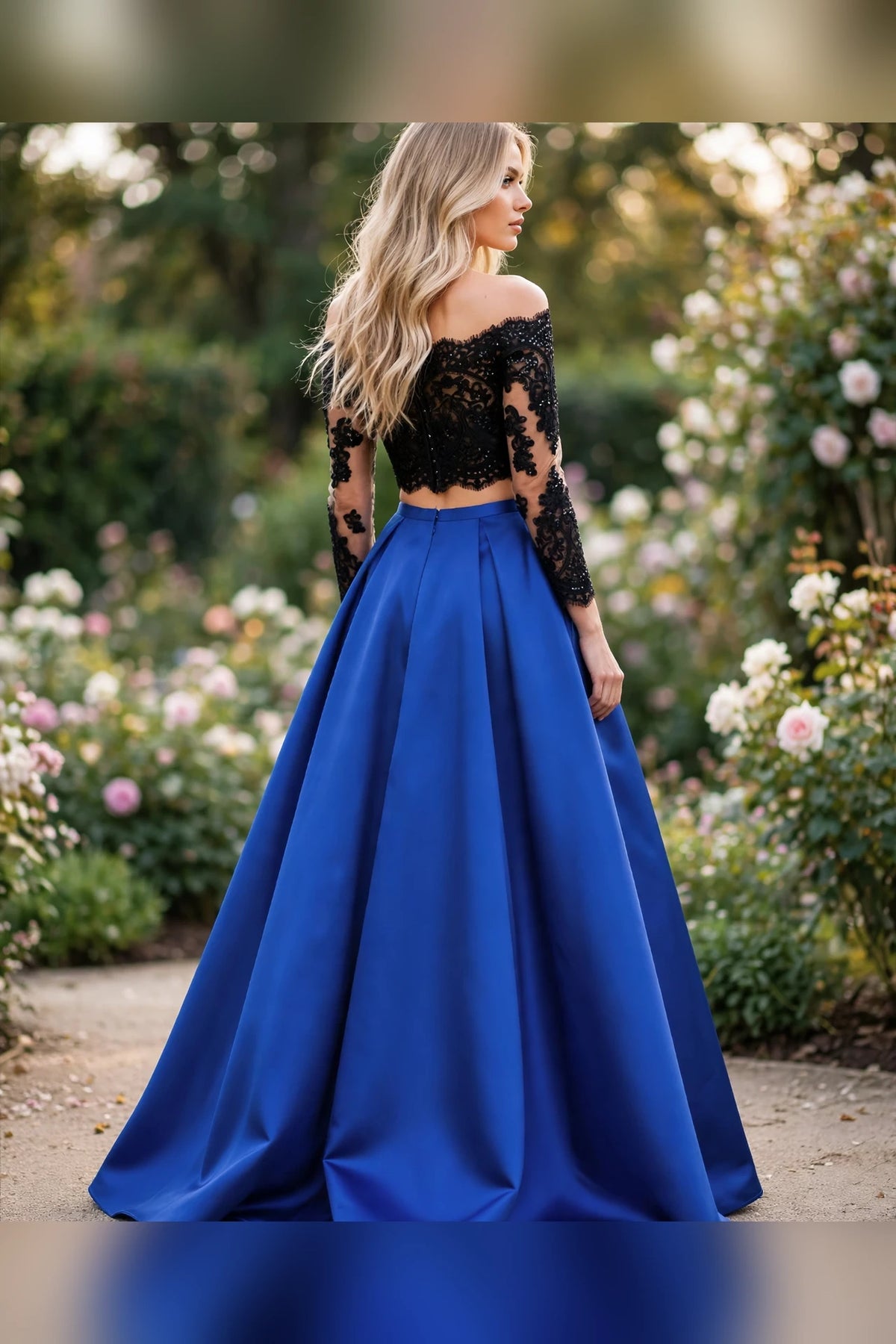 Black/Royal two-piece black lace off-shoulder long dress with satin ball skirt, back view | PromGirlOutlet