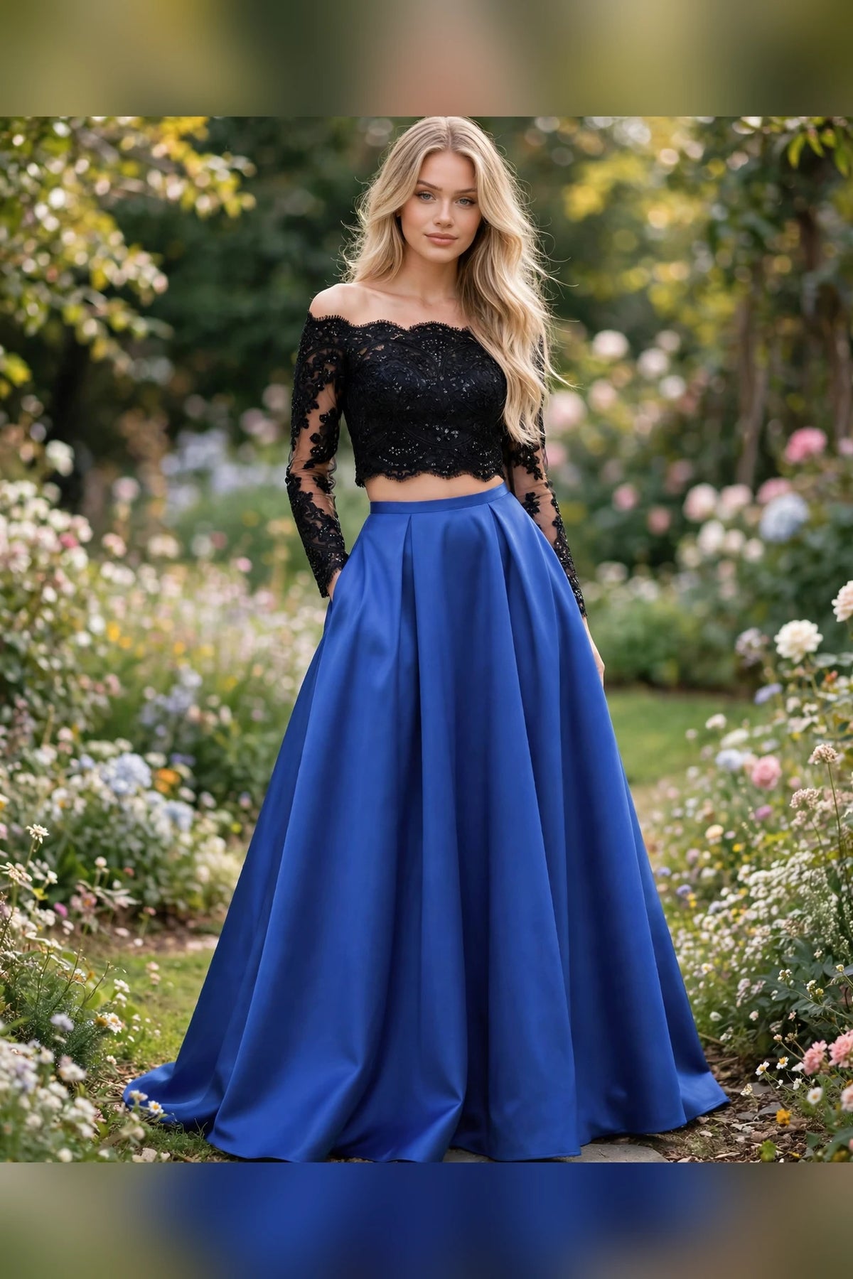 Black/Royal two-piece black lace off-shoulder long dress with satin ball skirt, front view | PromGirlOutlet