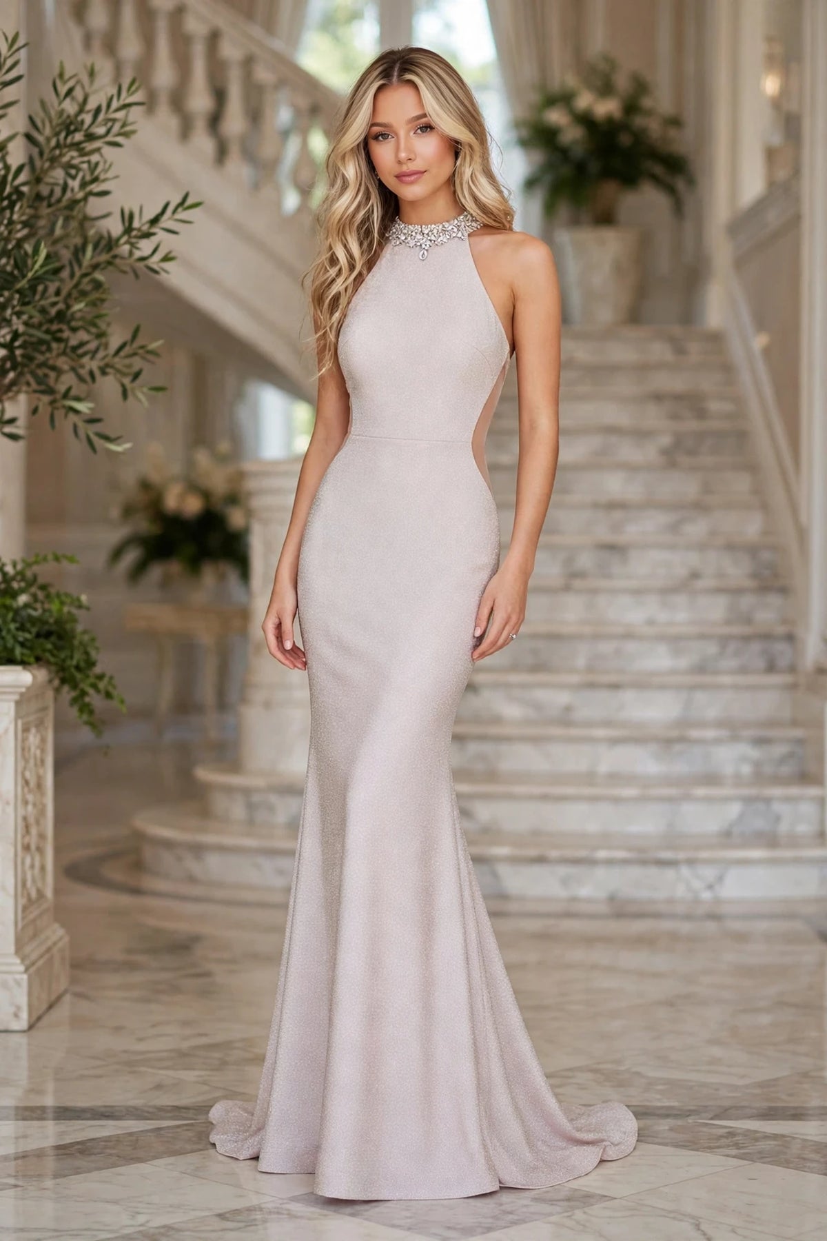Blush crystal collar halter mermaid gown, front view | PromGirlOutlet