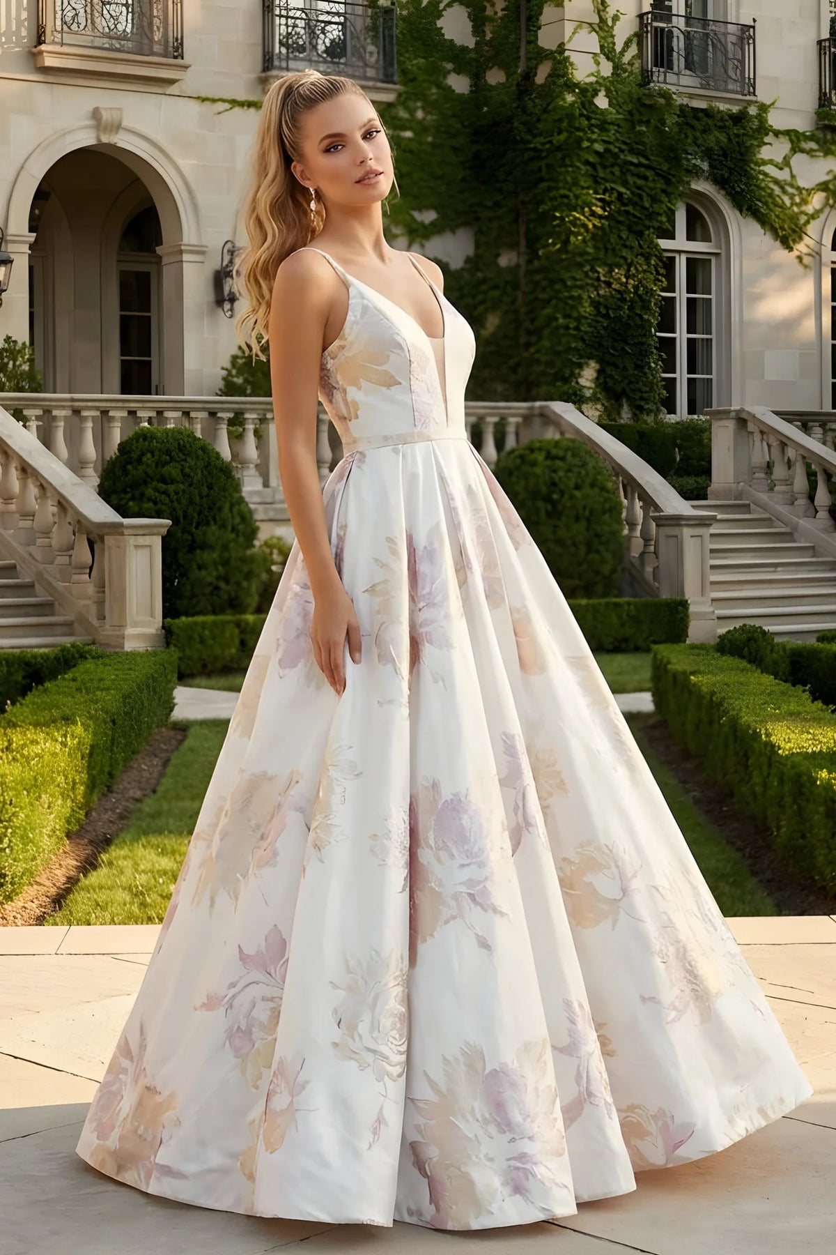 Satin Floral Ballgown with Pockets - front view