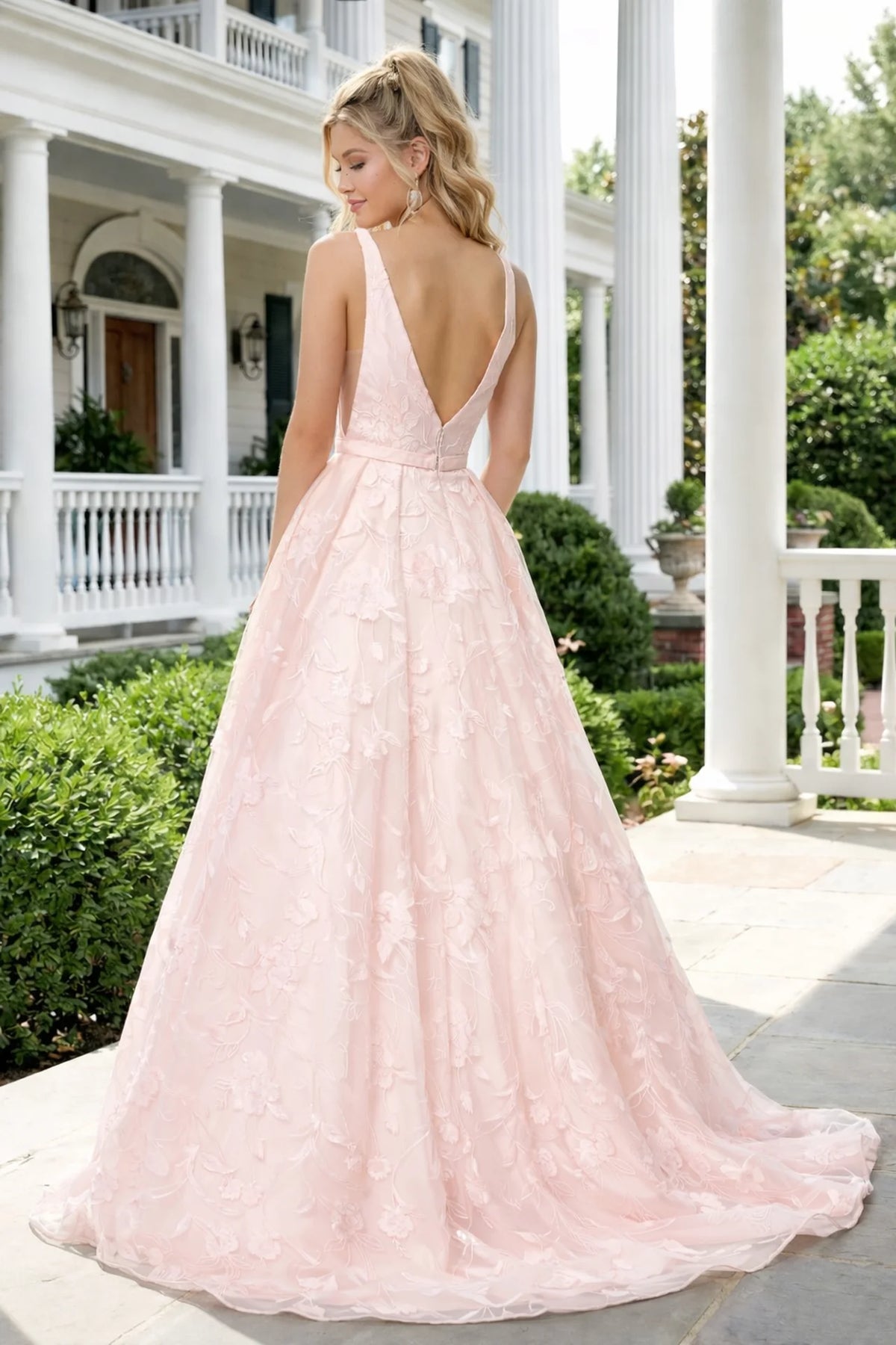 Blush Pink Floral Ball Gown with Deep V-Neck - front view